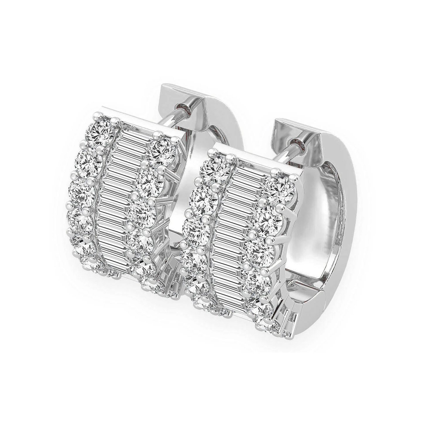 Baguette & Round Diamond Hoop Earrings in 14K white gold, front view
