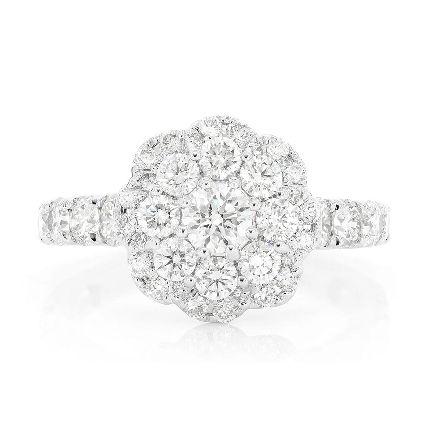Round Floral Cluster Double Halo Ring in 14K white gold, front view
