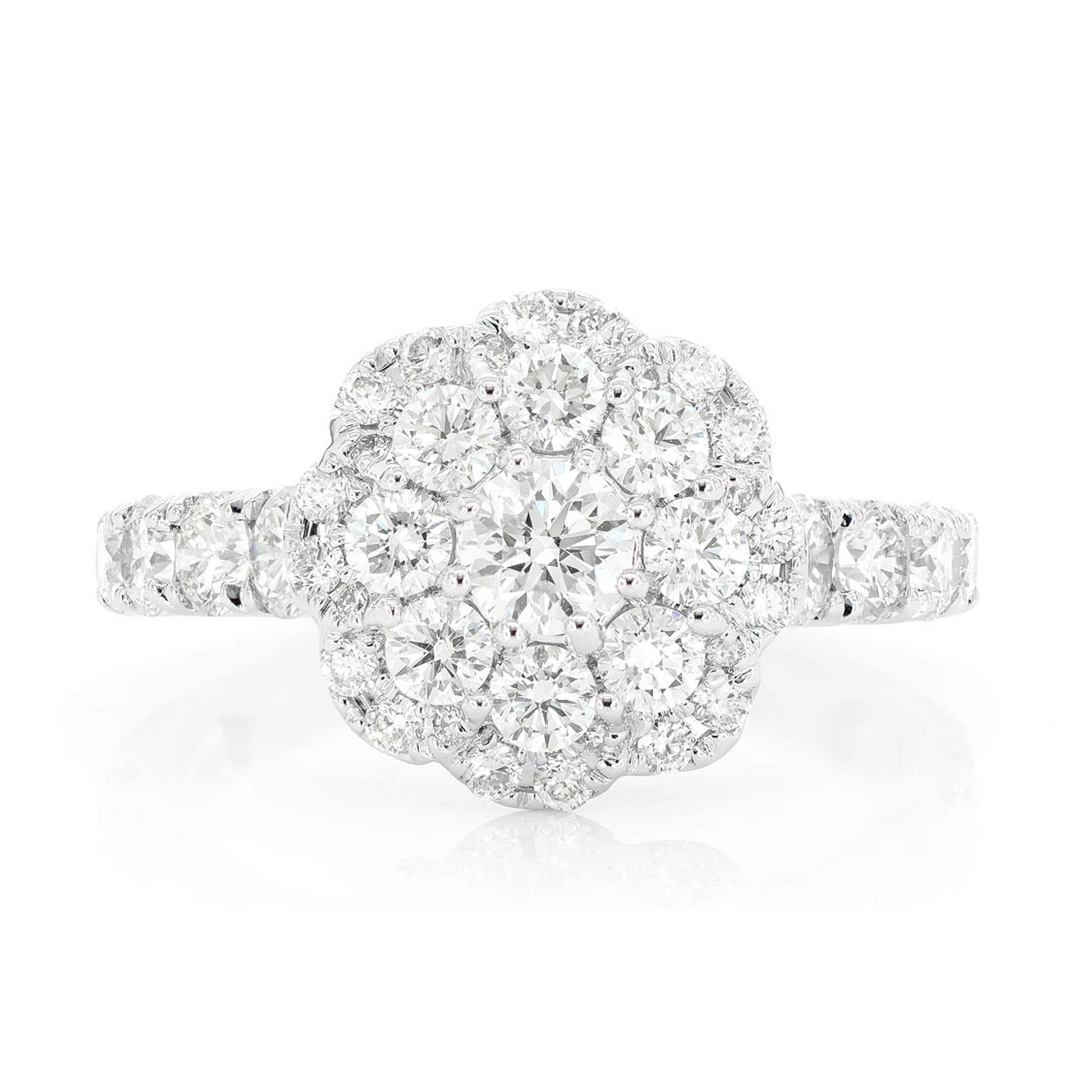 Round Floral Cluster Double Halo Ring in 14K white gold, front view