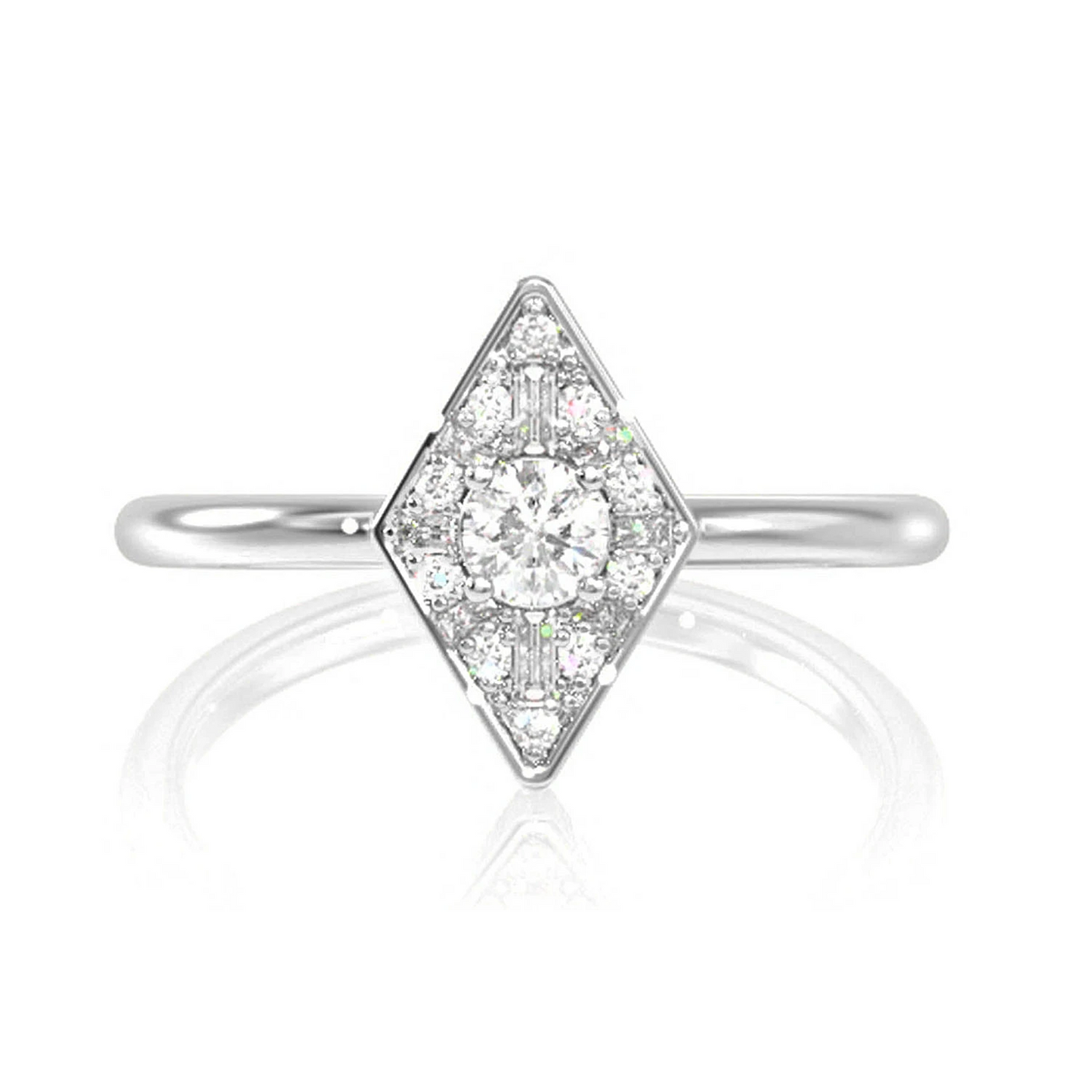 Rhombus Halo Baguette Diamond Ring in 14K white gold, front view