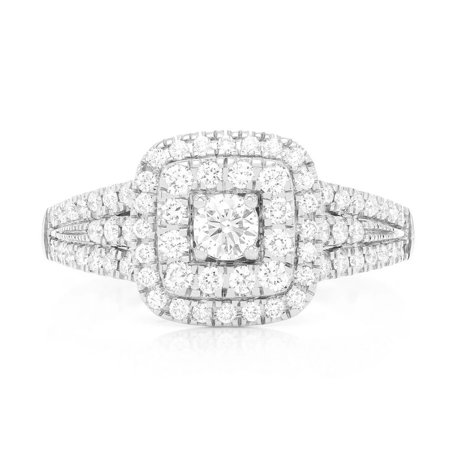 Classic Two Tier Cushion Halo Diamond Ring in 14K white gold, front view