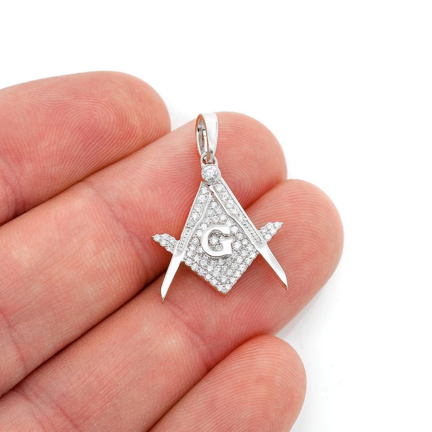 Masonic G Diamond Pendant in 14K white gold, angled view