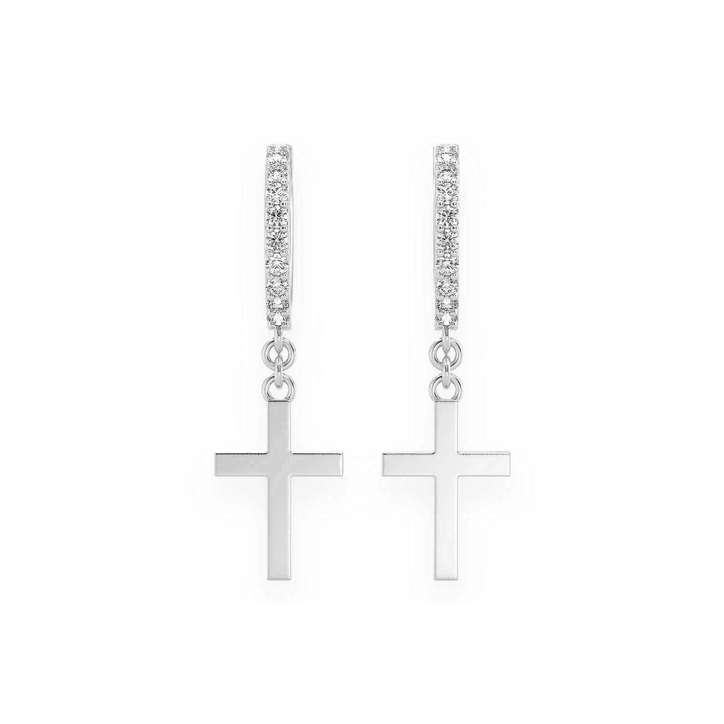 Plain Cross Diamond Hoops in 14K white gold, front view