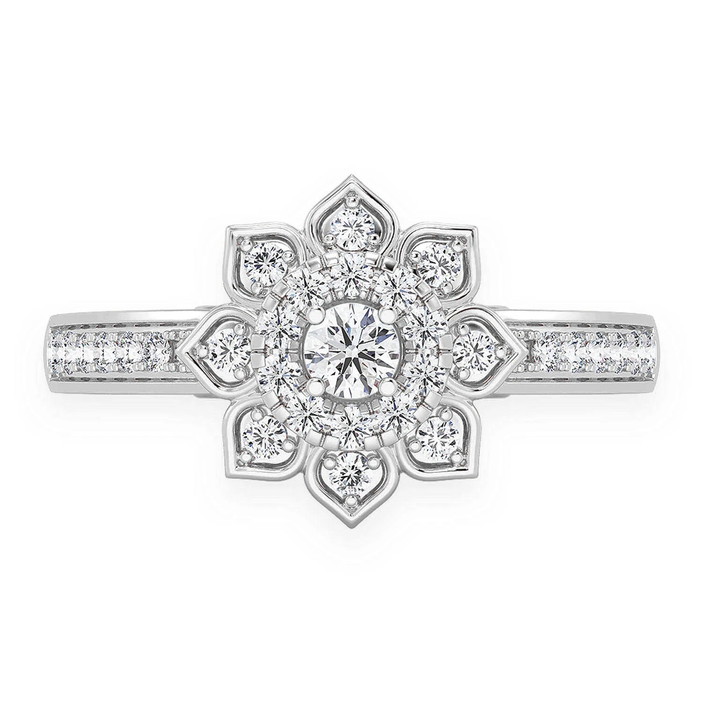 Single Band Layered Floral Engagement Ring in 14K white gold, front view