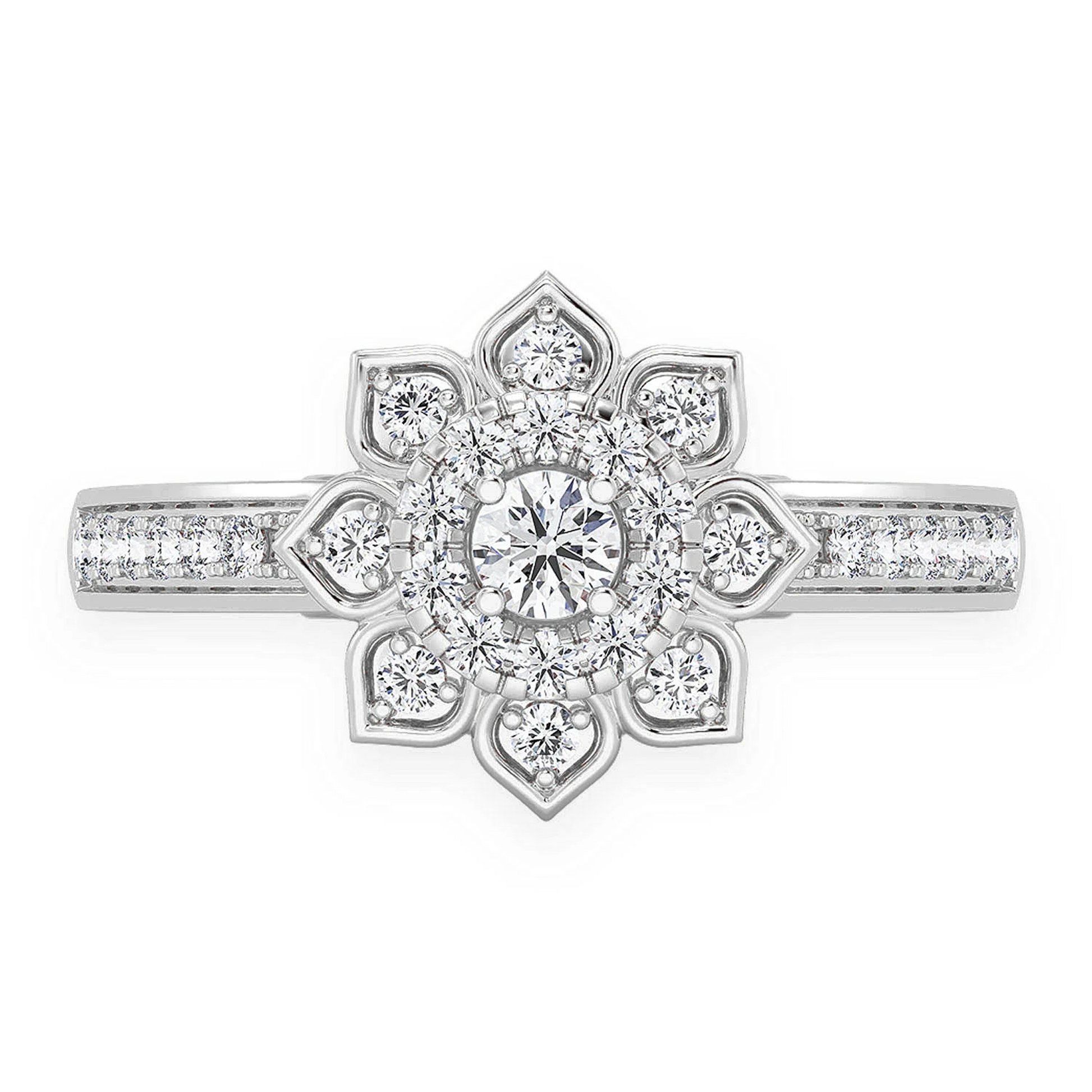 Single Band Layered Floral Engagement Ring in 14K white gold, front view