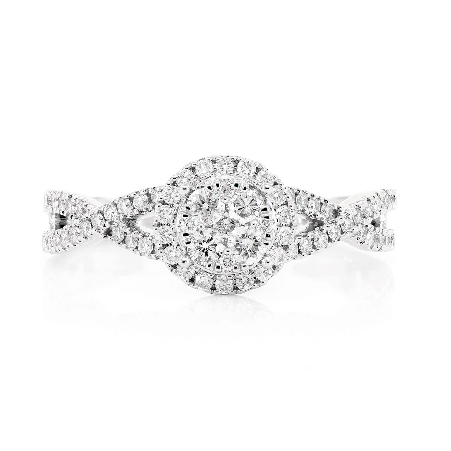 Round Mosaic Twisted Halo Diamond Ring in 14K white gold, front view