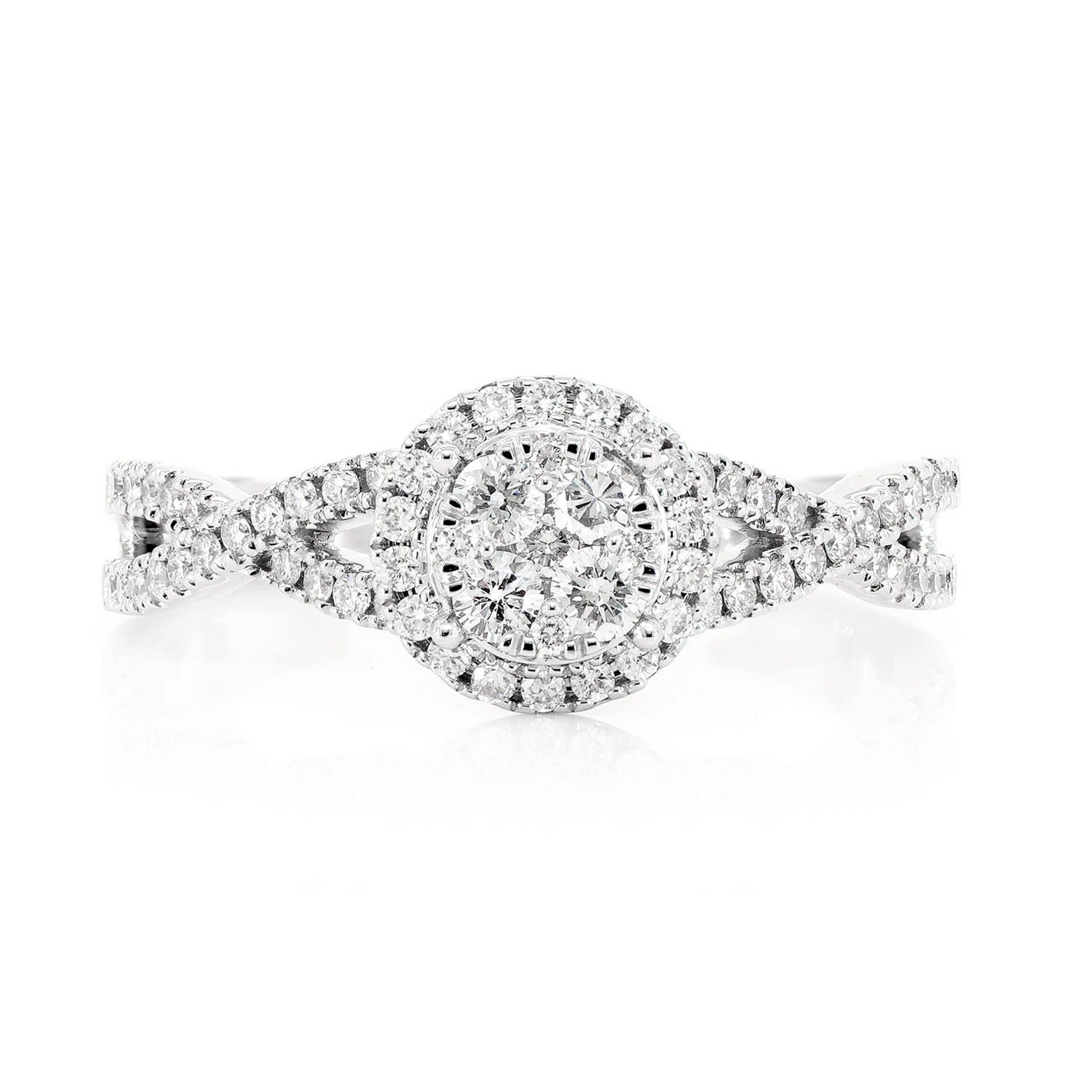 Round Mosaic Twisted Halo Diamond Ring in 14K white gold, front view
