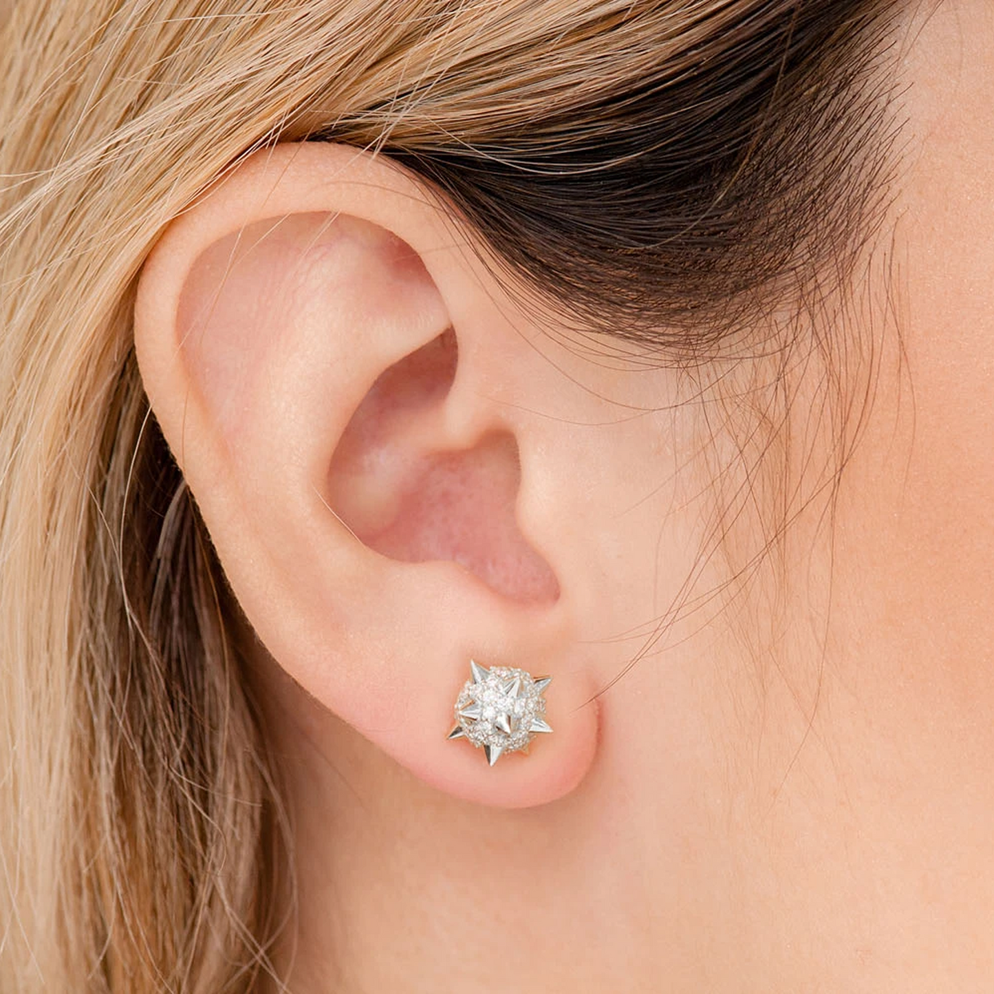 Spike Ball Diamond Stud Earrings in 14K white gold, angled view