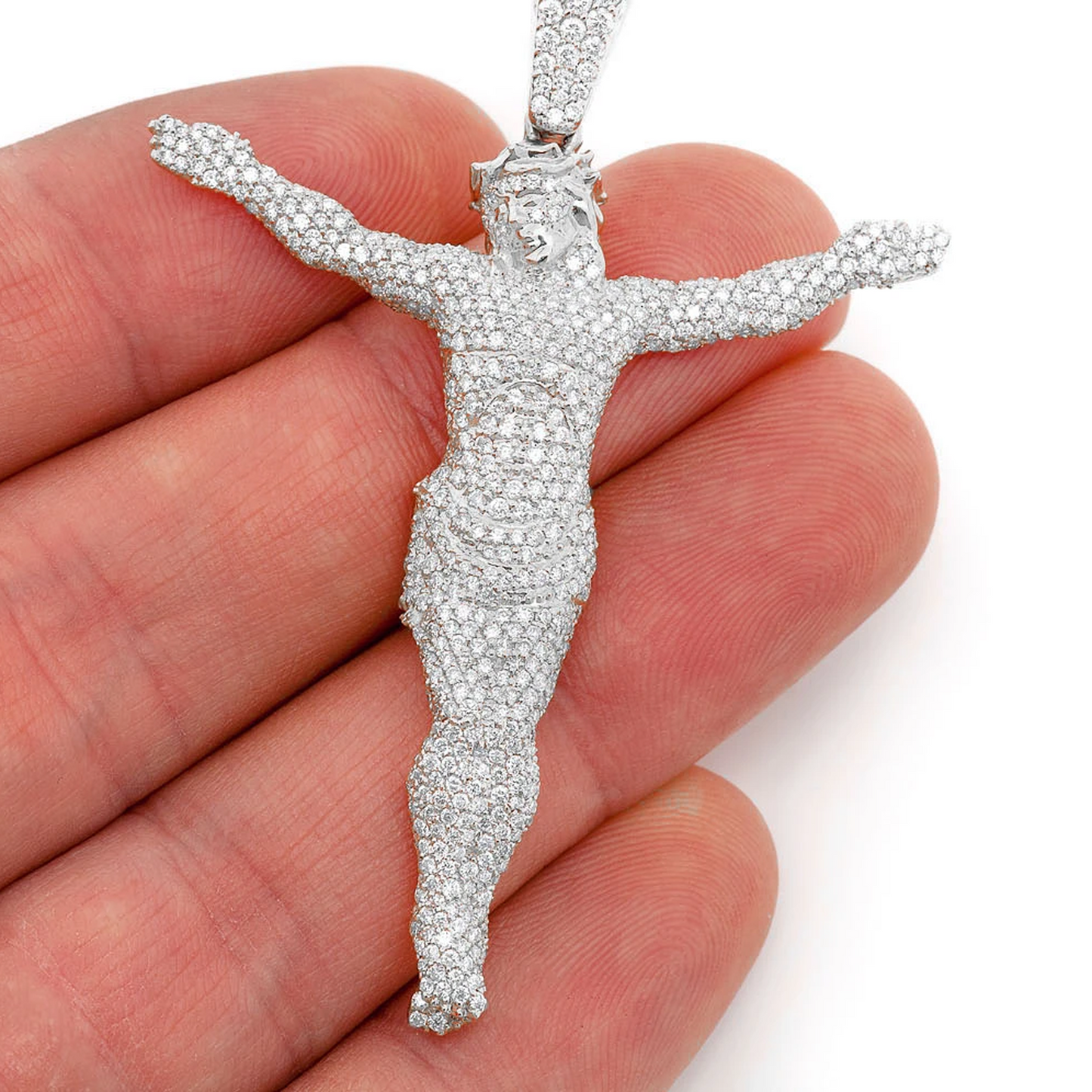 Jesus Crucifix Diamond Pendant in 14K white gold, Statement | 3.30ctw | Iced Out, angled view
