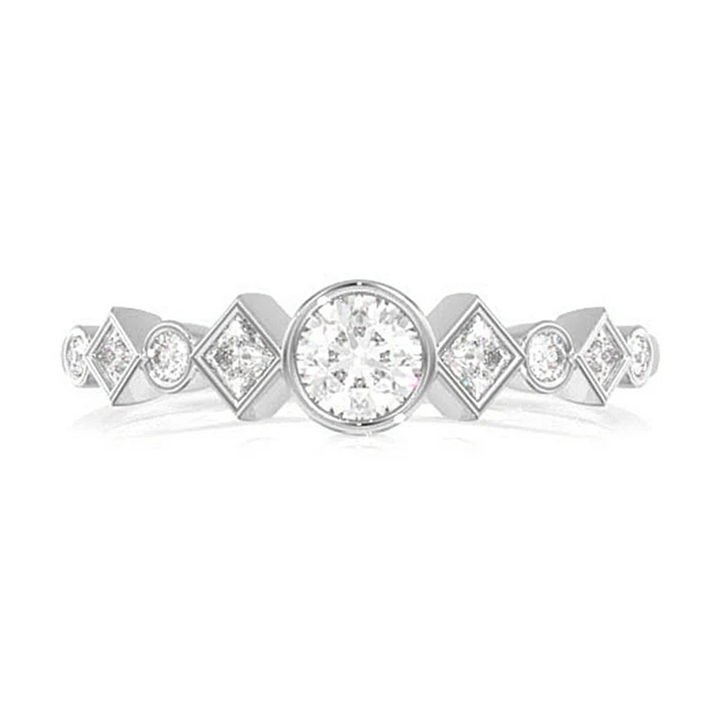 Nine Stone Round & Princess Diamond Ring in 14K white gold, front view