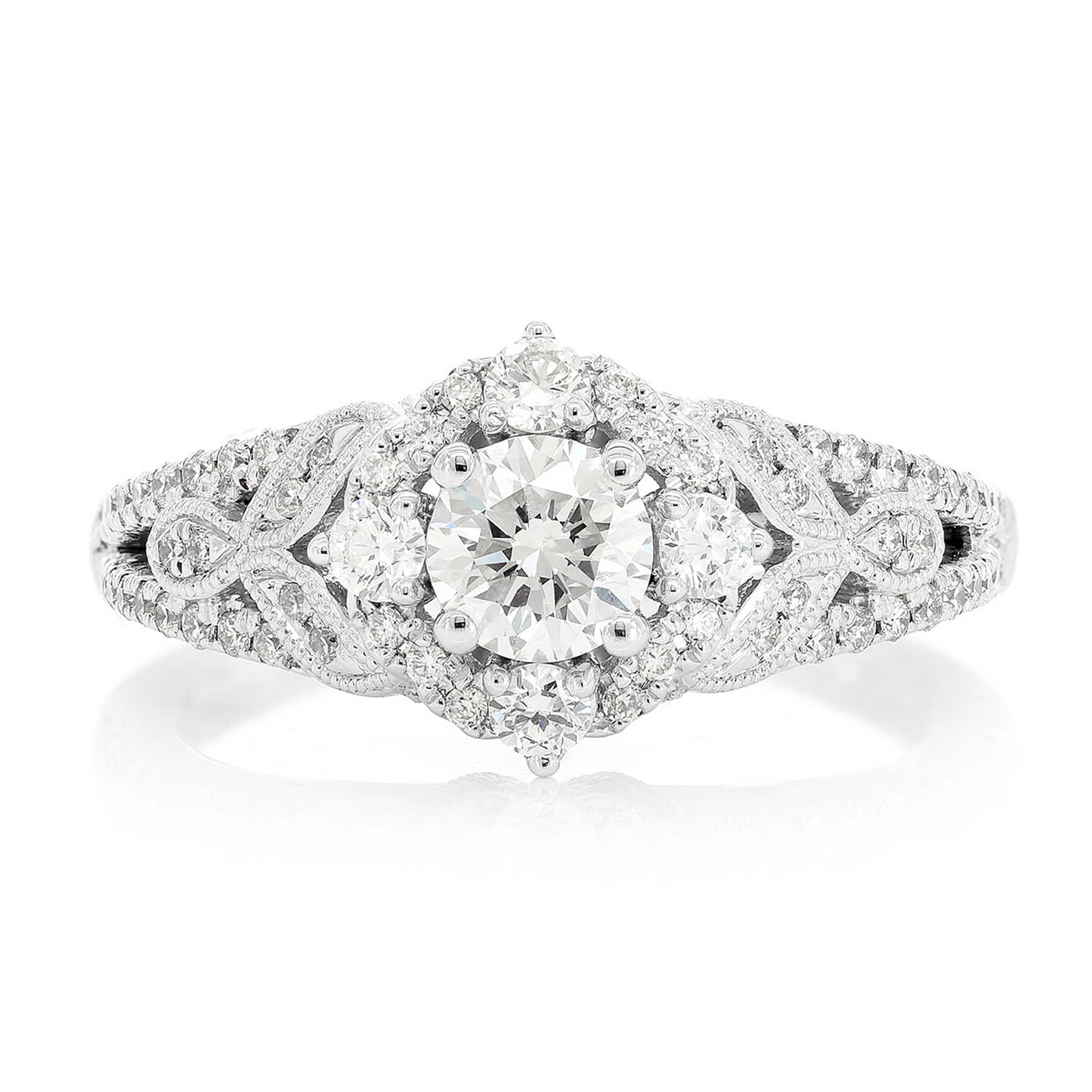 Round Antique Split Shank Diamond Ring in 14K white gold, front view