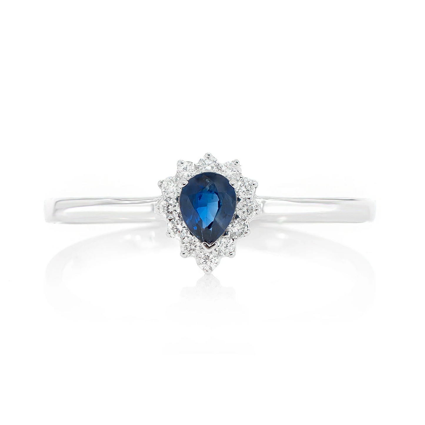 0.2ct Pear Sapphire Halo Ring in 14K white gold, front view