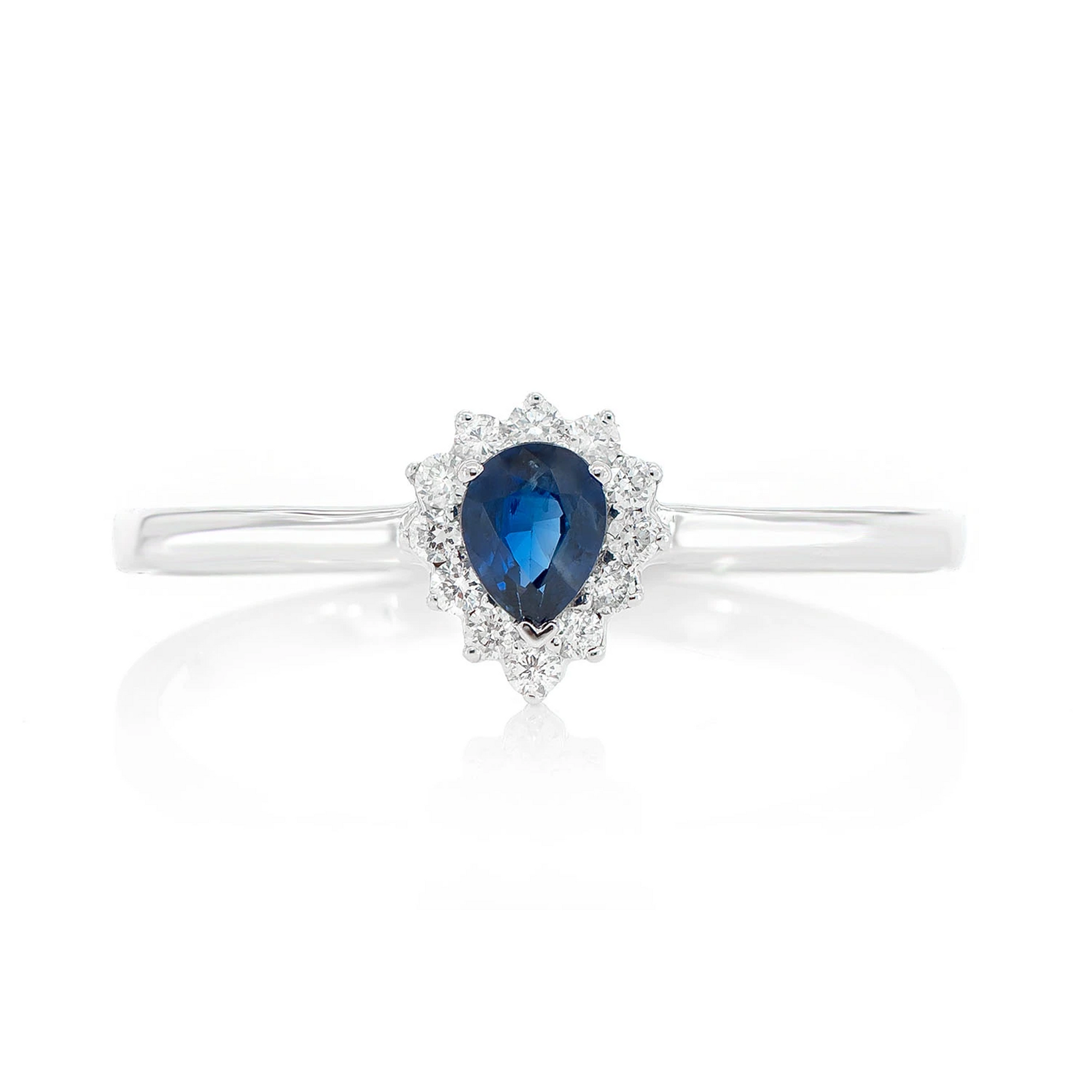 0.2ct Pear Sapphire Halo Ring in 14K white gold, front view