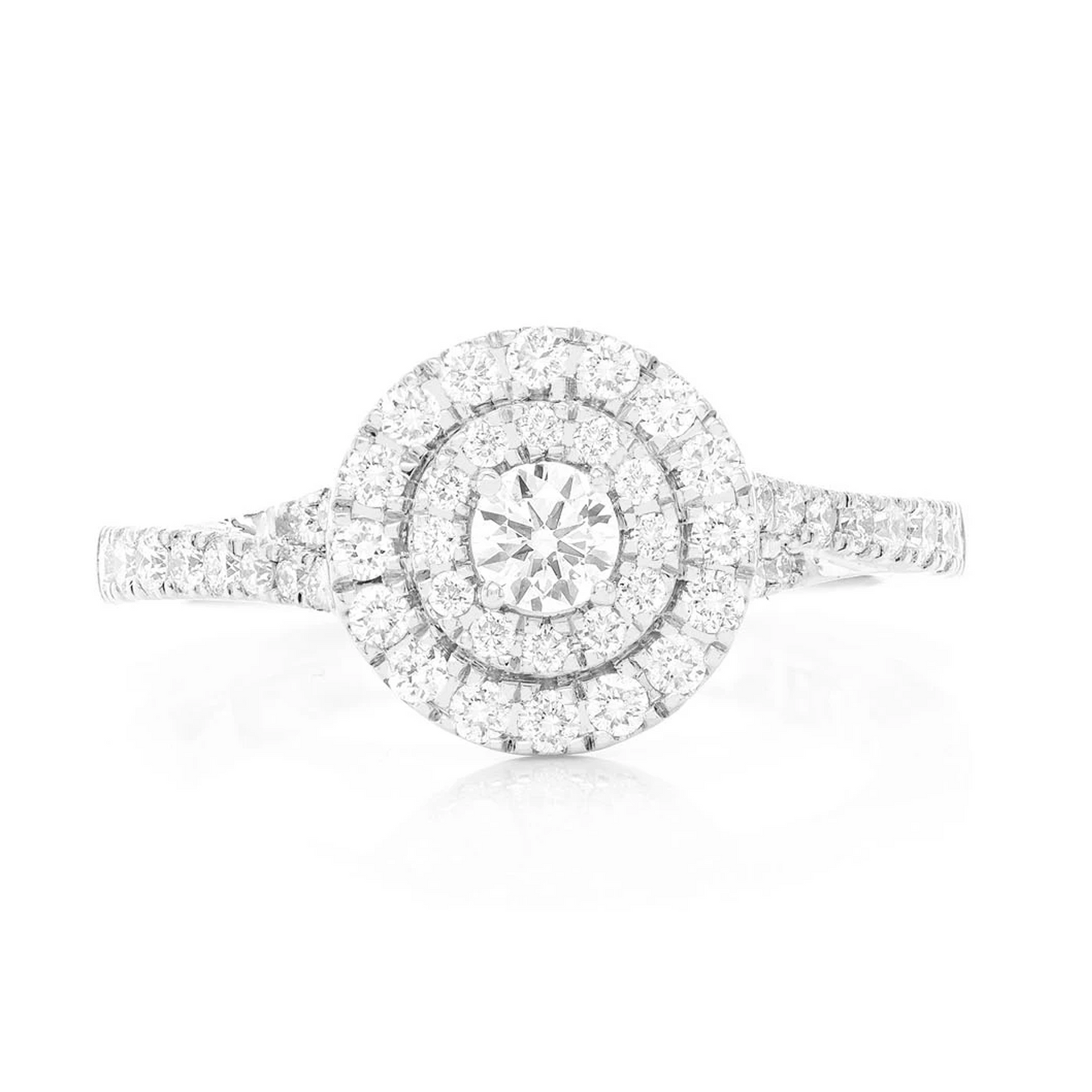 Classic Round Double Halo Diamond Ring in 14K white gold, front view