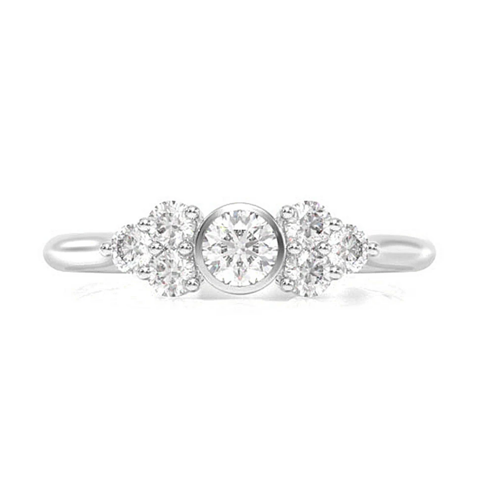 Round Bezel Triangle Accent Ring in 14K white gold, front view