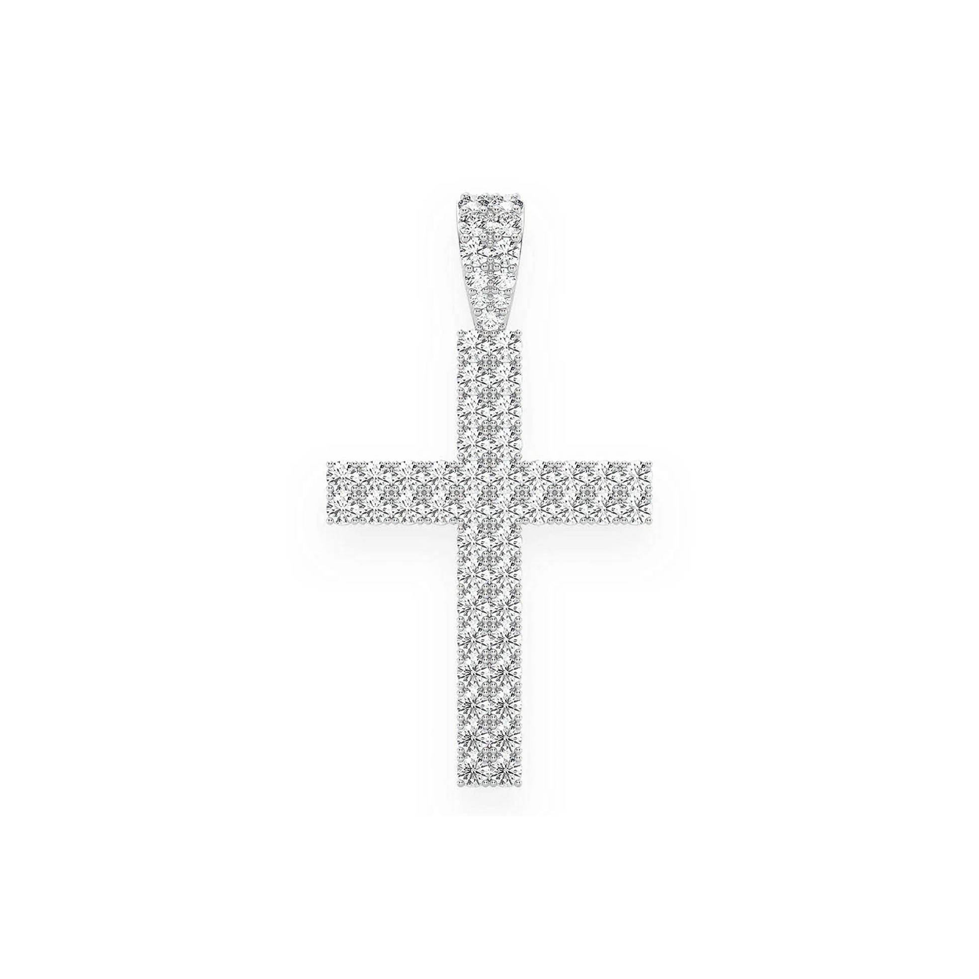 Two Row Diamond Cross Pendant in 14K white gold, Statement | 2.25ctw | Iced Out Bail, front view