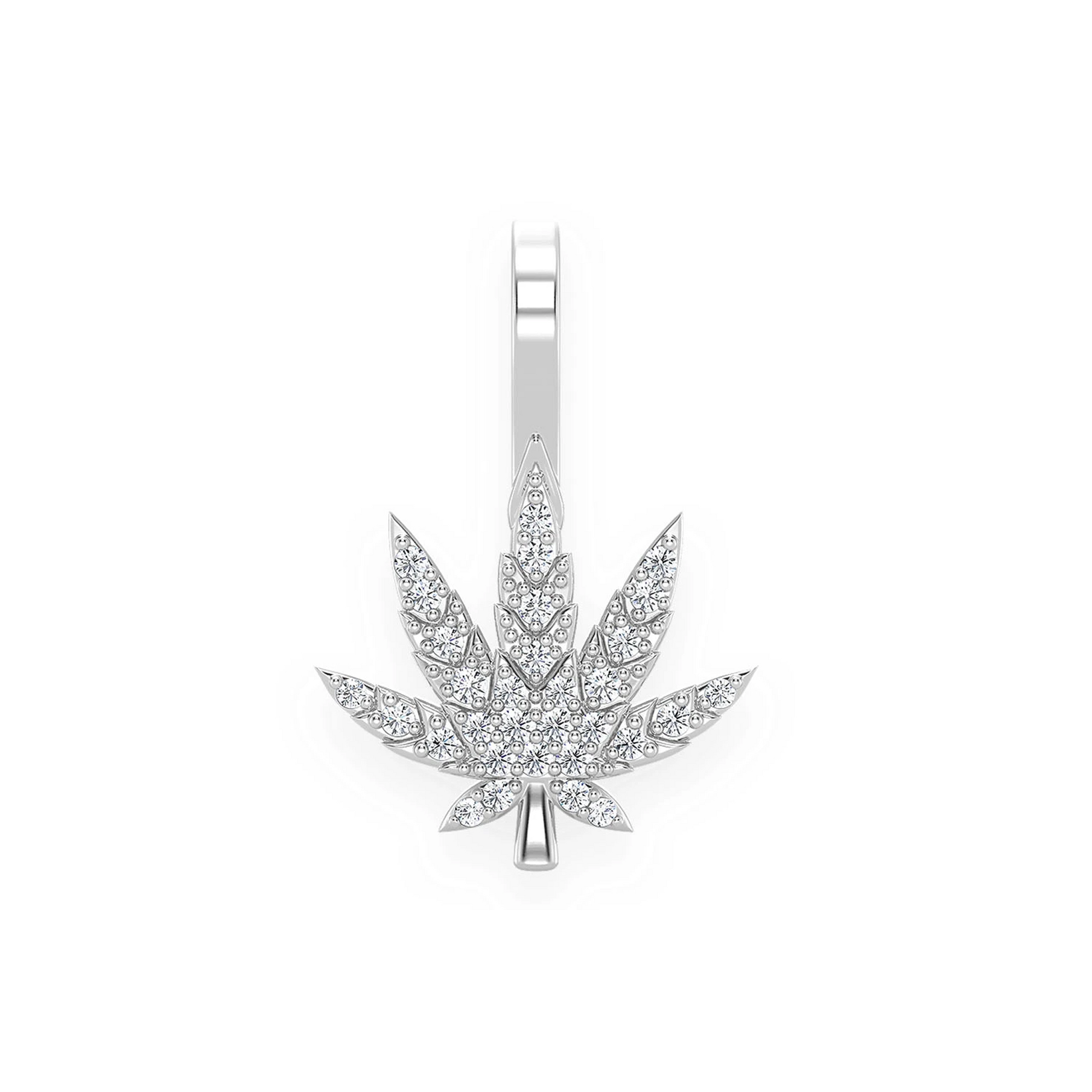 Cannabis Leaf Diamond Pendant in 14K white gold, Signature | 0.15ctw, front view