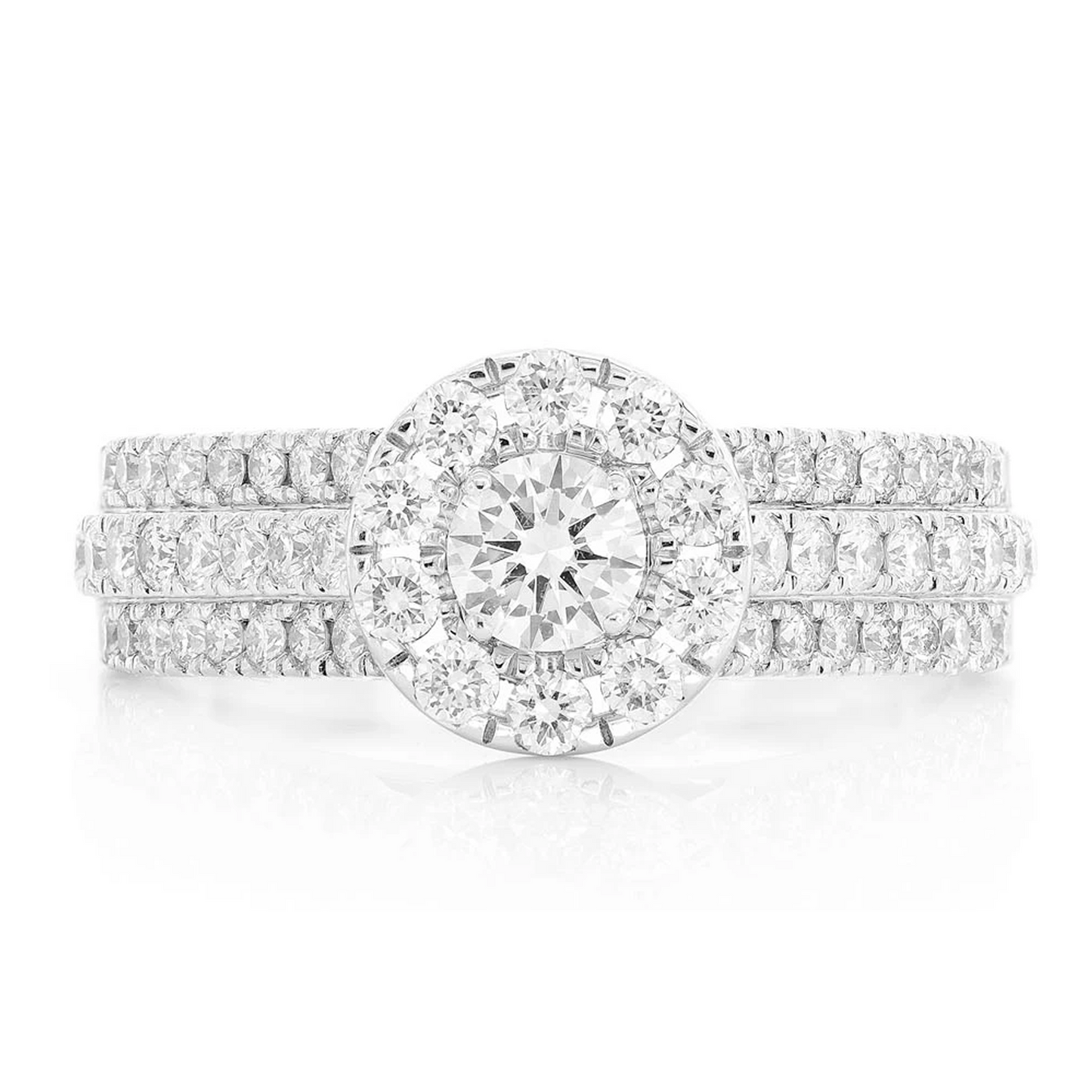 Three Row Round Halo Diamond Engagement Ring in 14K white gold, front view