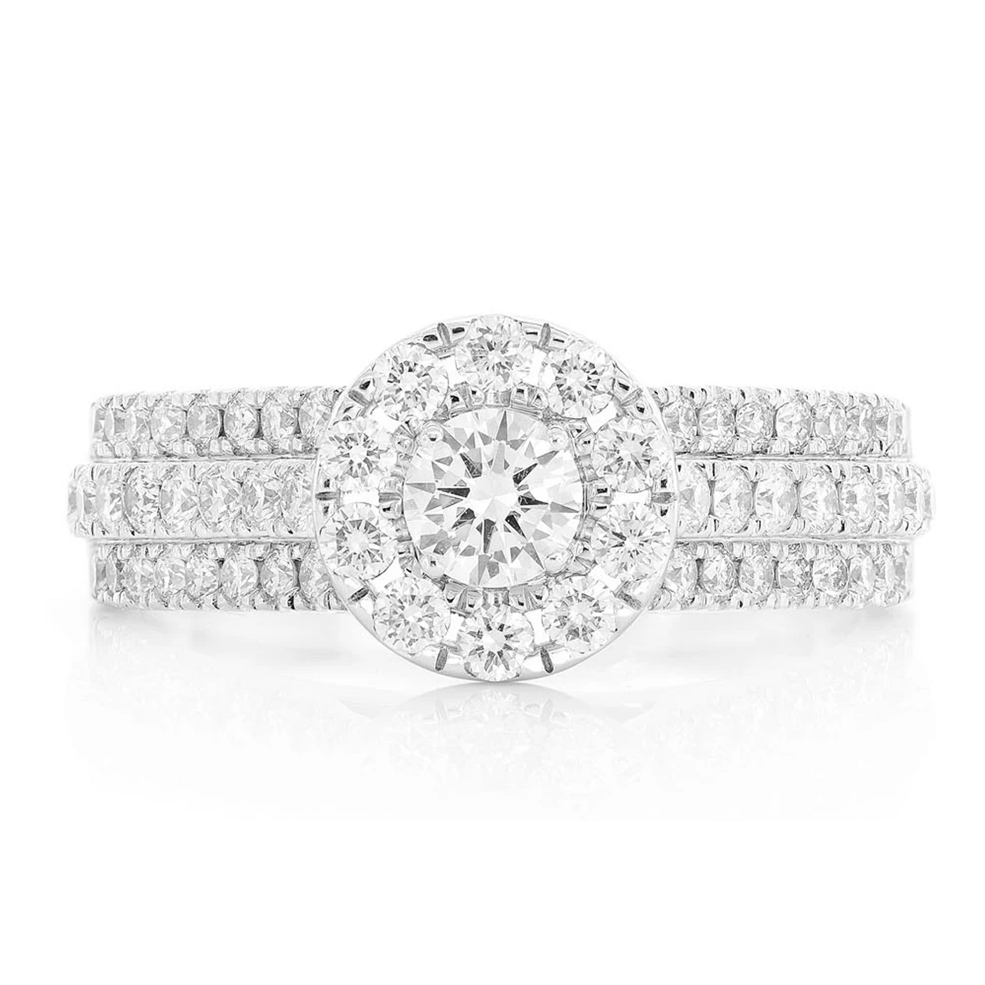 Three Row Round Halo Diamond Engagement Ring in 14K white gold, front view