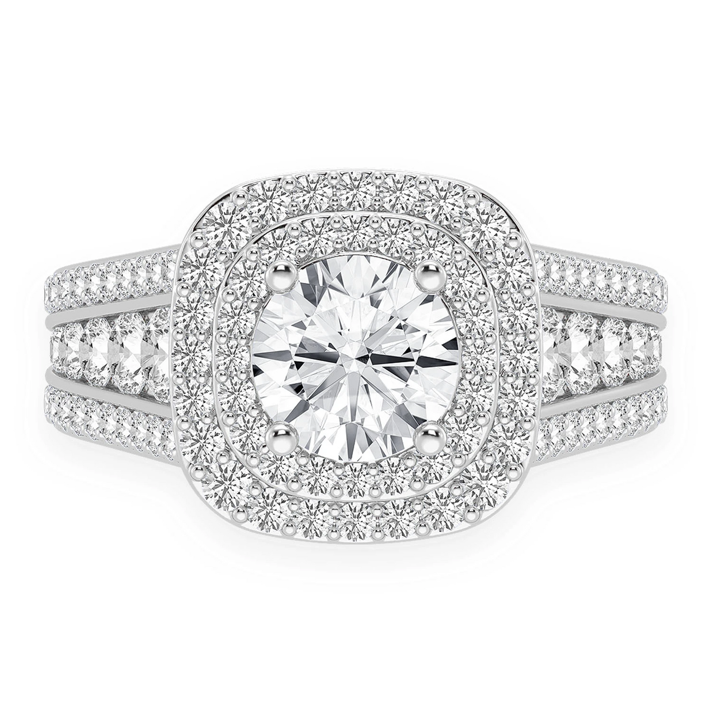 Fancy Three Row Double Halo Diamond Ring in 14K white gold, front view