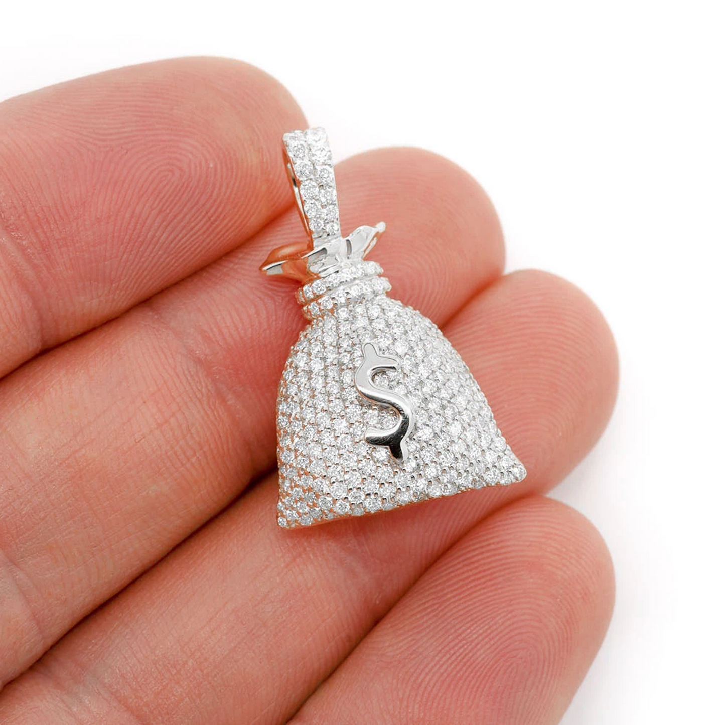 Money Bag Diamond Pendant in 14K white gold, angled view