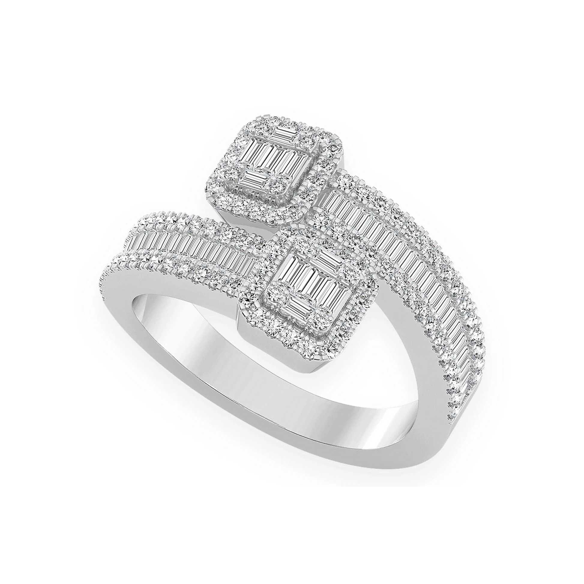Border Baguette Crossover Diamond Ring in 14K white gold, angled view