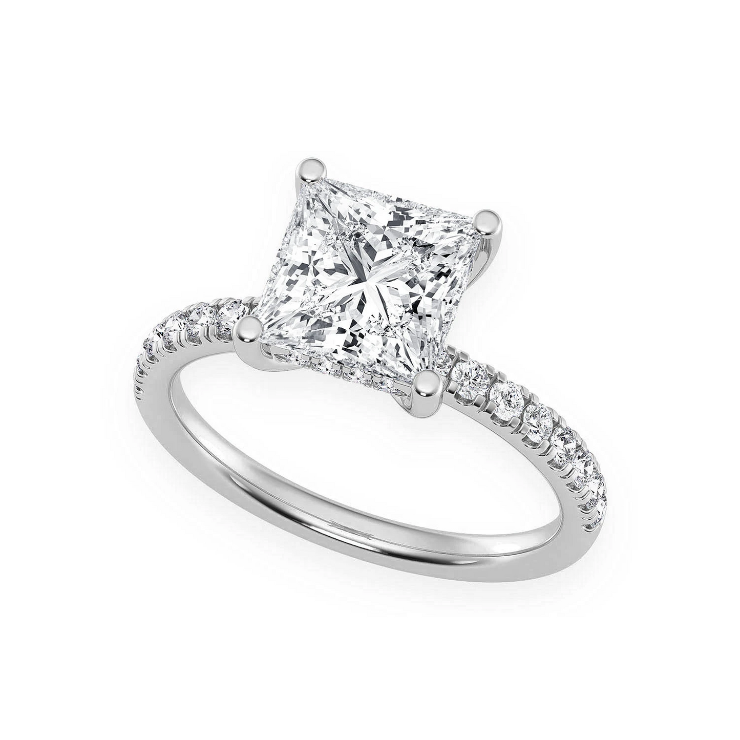 Princess Cut One Row Under Halo Ring in 14K white gold, angled view