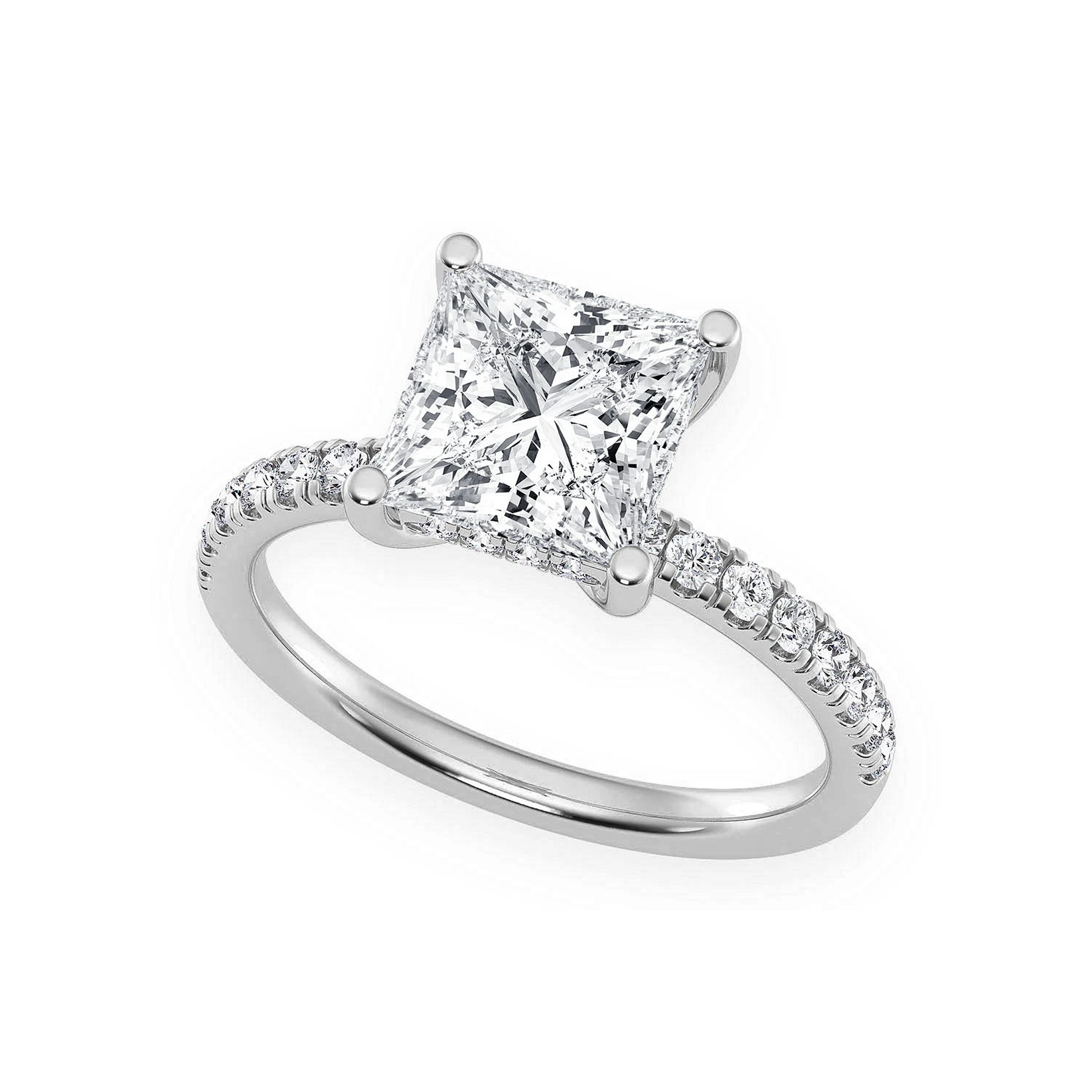 Princess Cut One Row Under Halo Ring in 14K white gold, angled view
