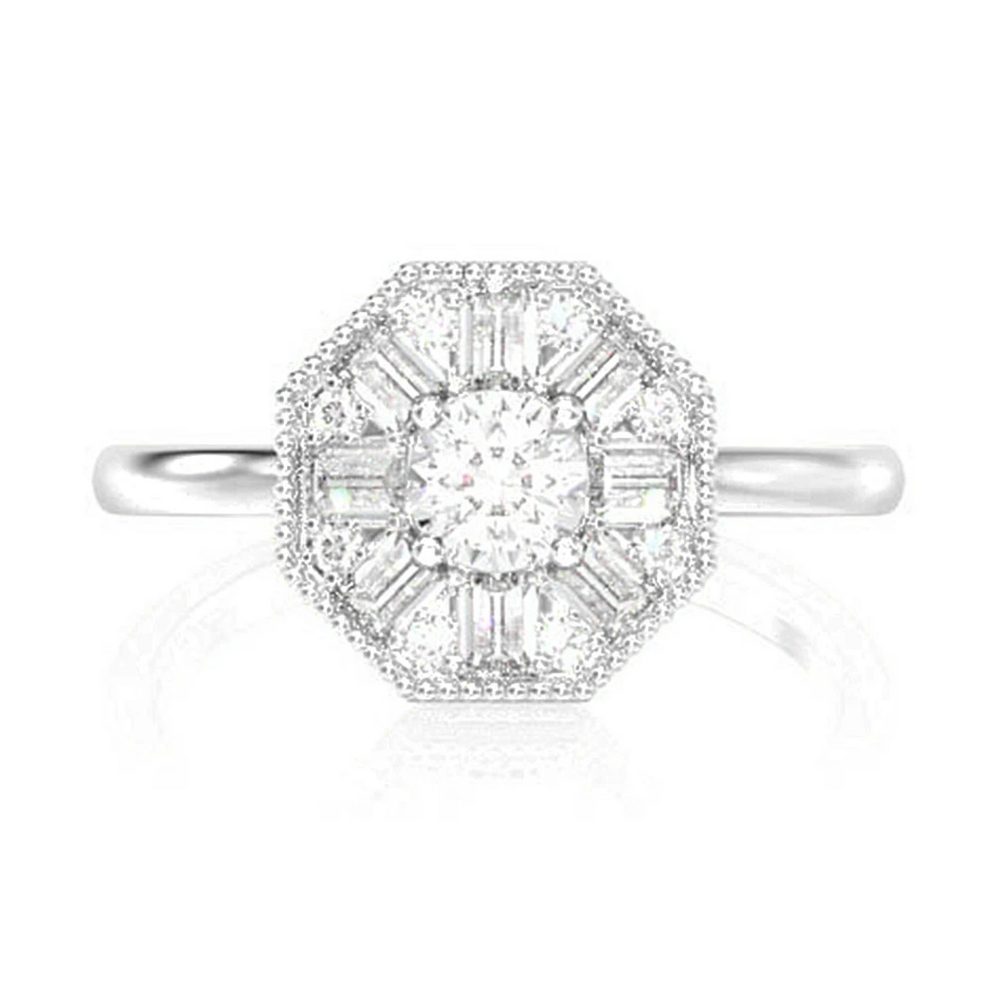 Octagon Baguette Halo Diamond Ring in 14K white gold, front view