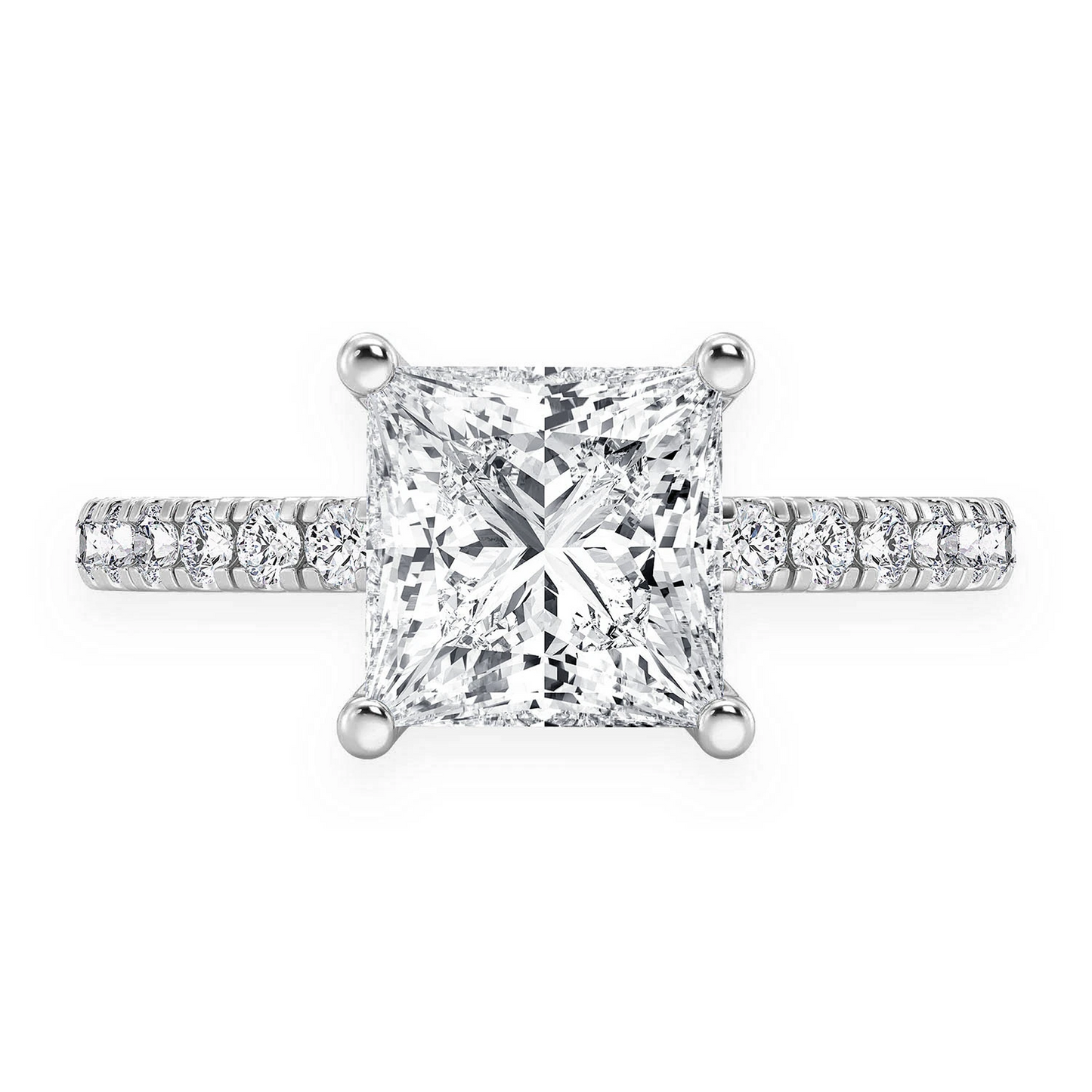 Princess Cut One Row Under Halo Ring in 14K white gold, front view