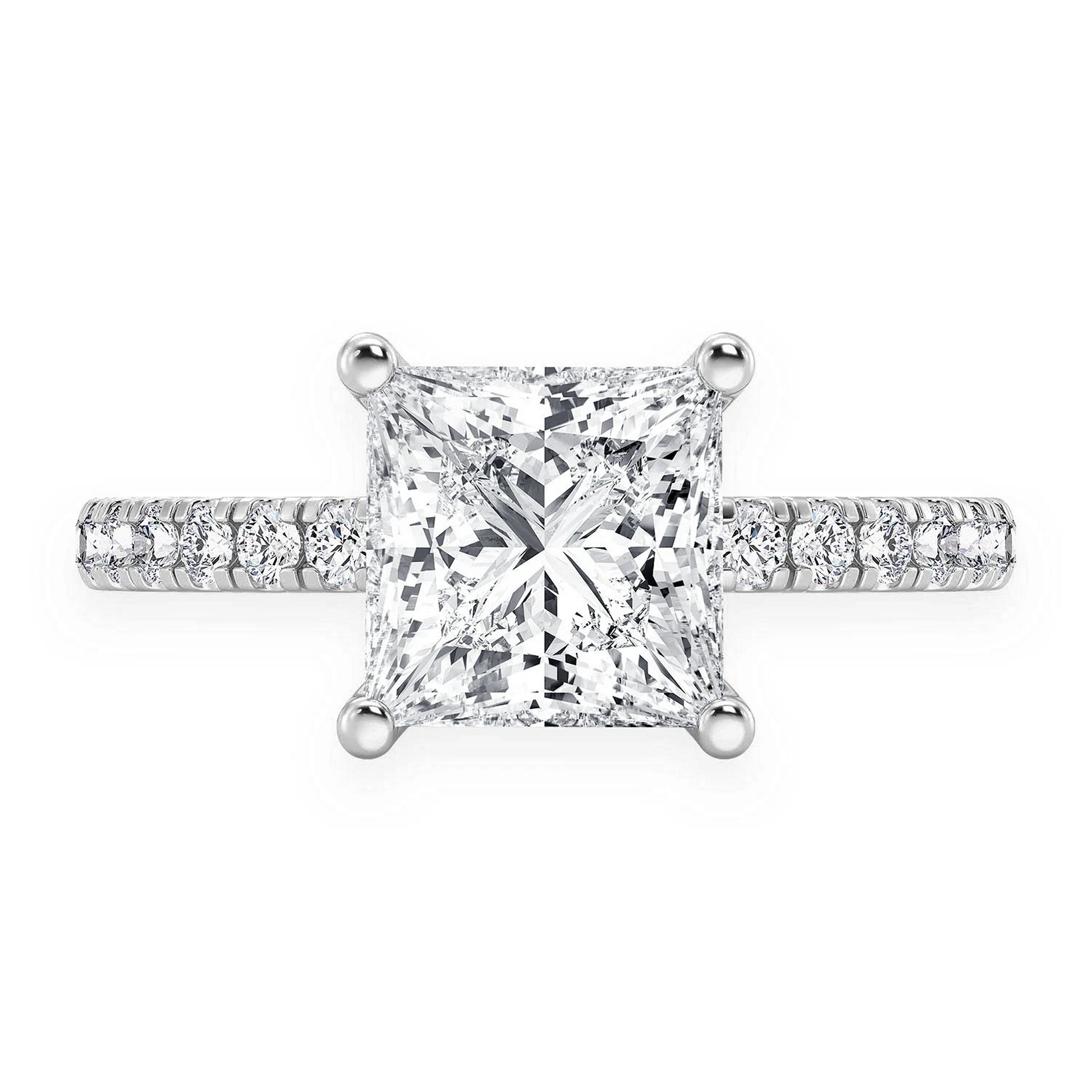 Princess Cut One Row Under Halo Ring in 14K white gold, front view