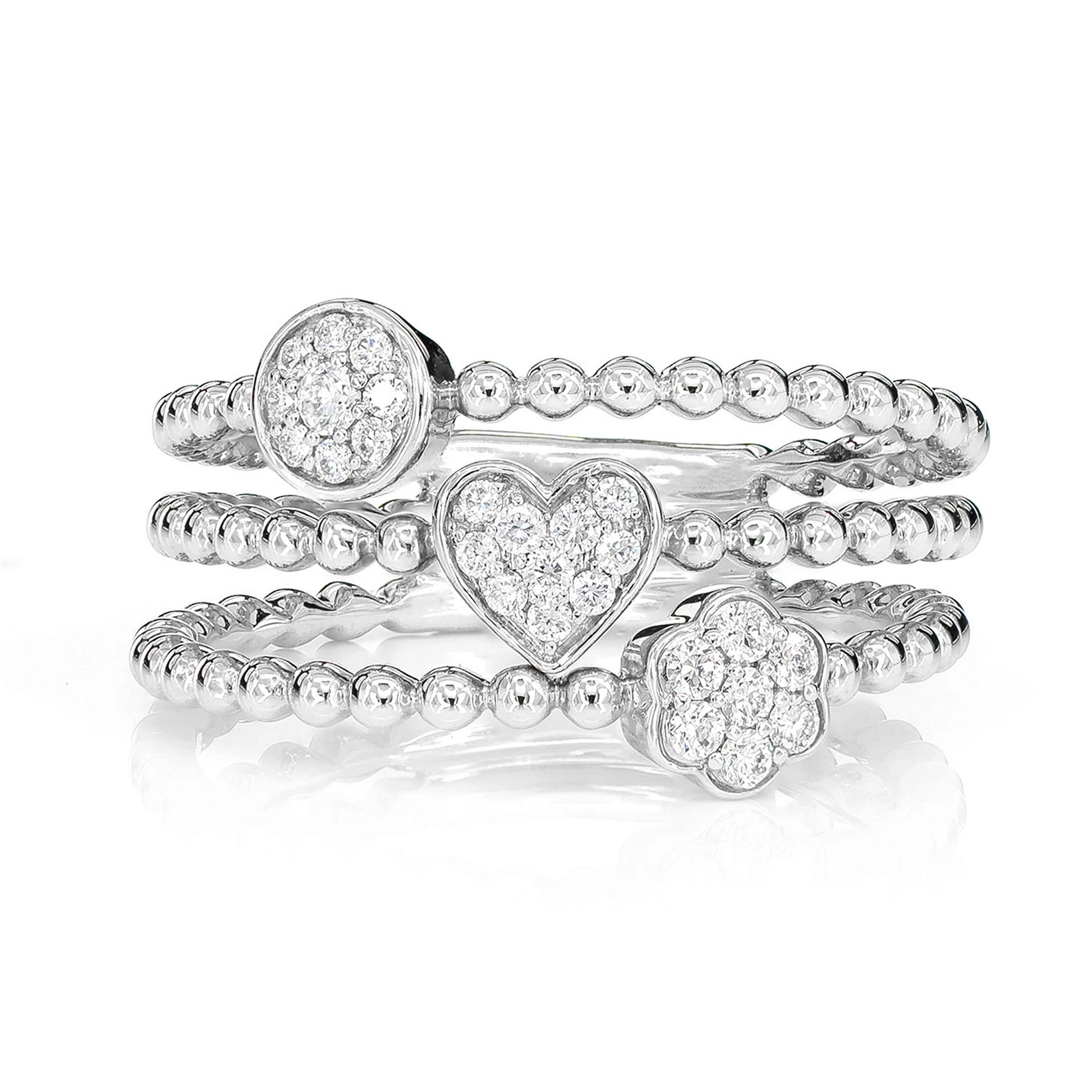 Three Row Beaded Diamond Ring in 14K white gold, front view