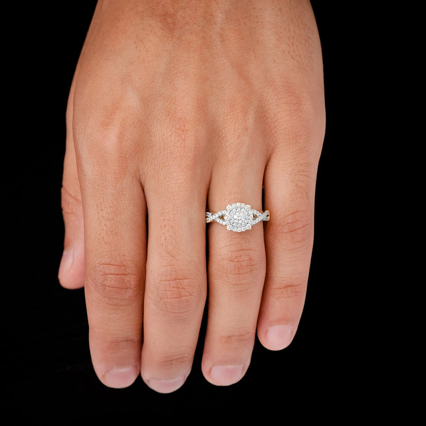 Split Shank Unique Halo Diamond Engagement Ring in 14K yellow gold, worn view