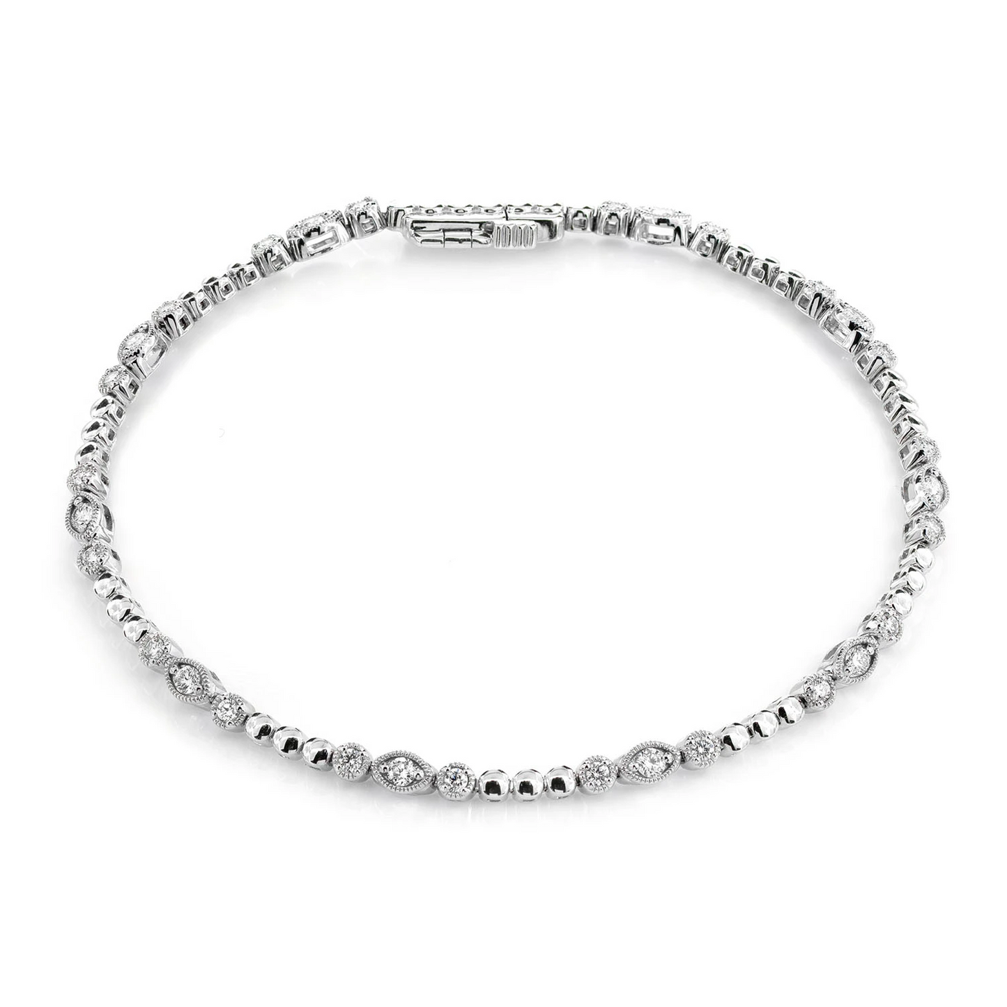 Oval & Round Bezel Diamond Link Bracelet in 14K white gold, front view