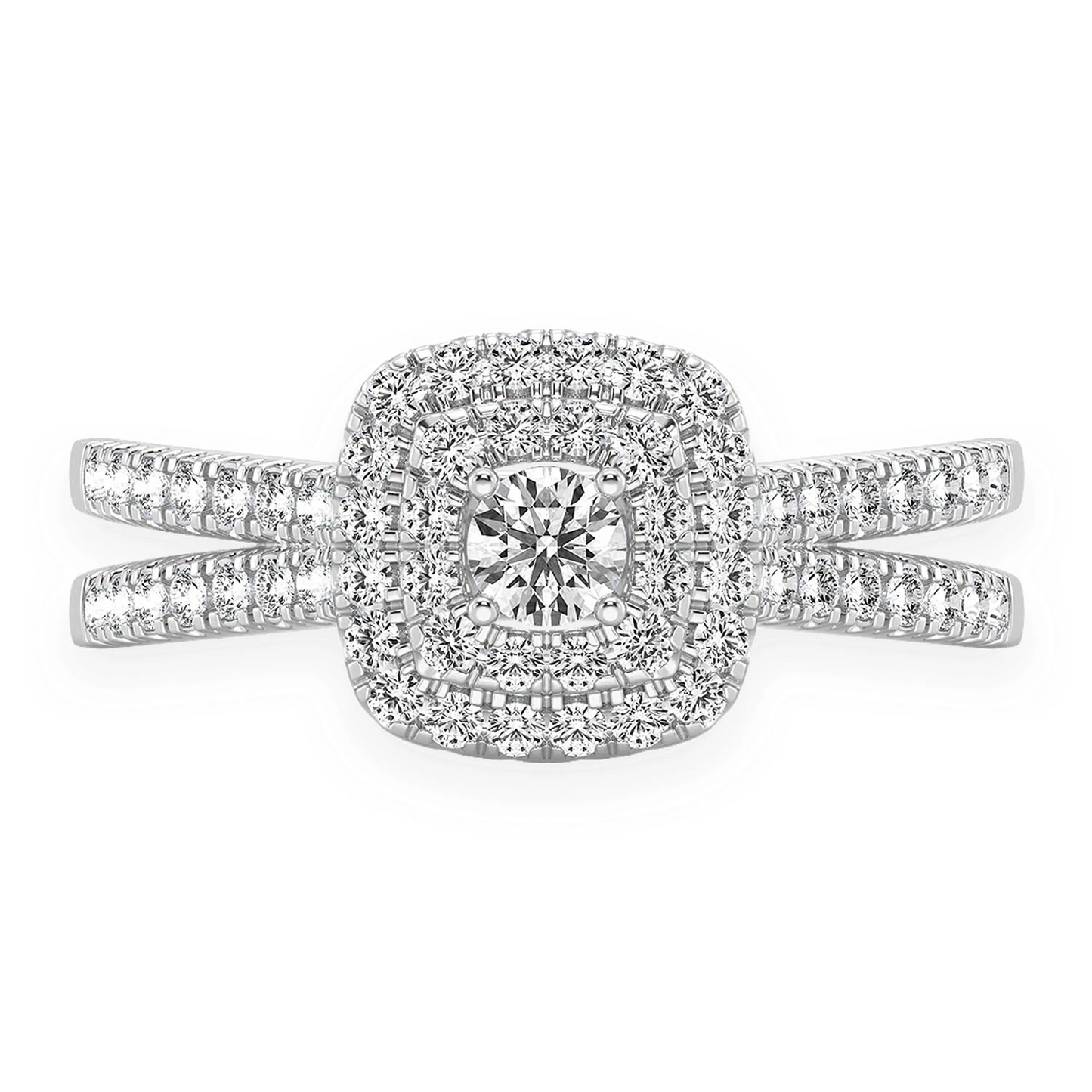 Three Layer Square Double Halo Engagement Ring in 14K white gold, front view