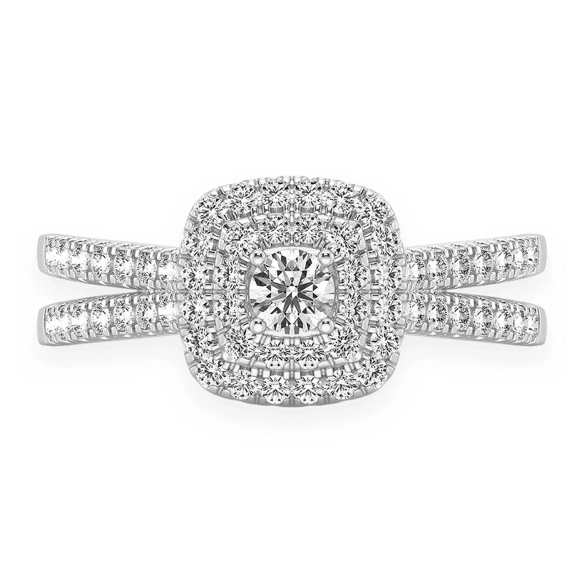 Three Layer Square Double Halo Engagement Ring in 14K white gold, front view