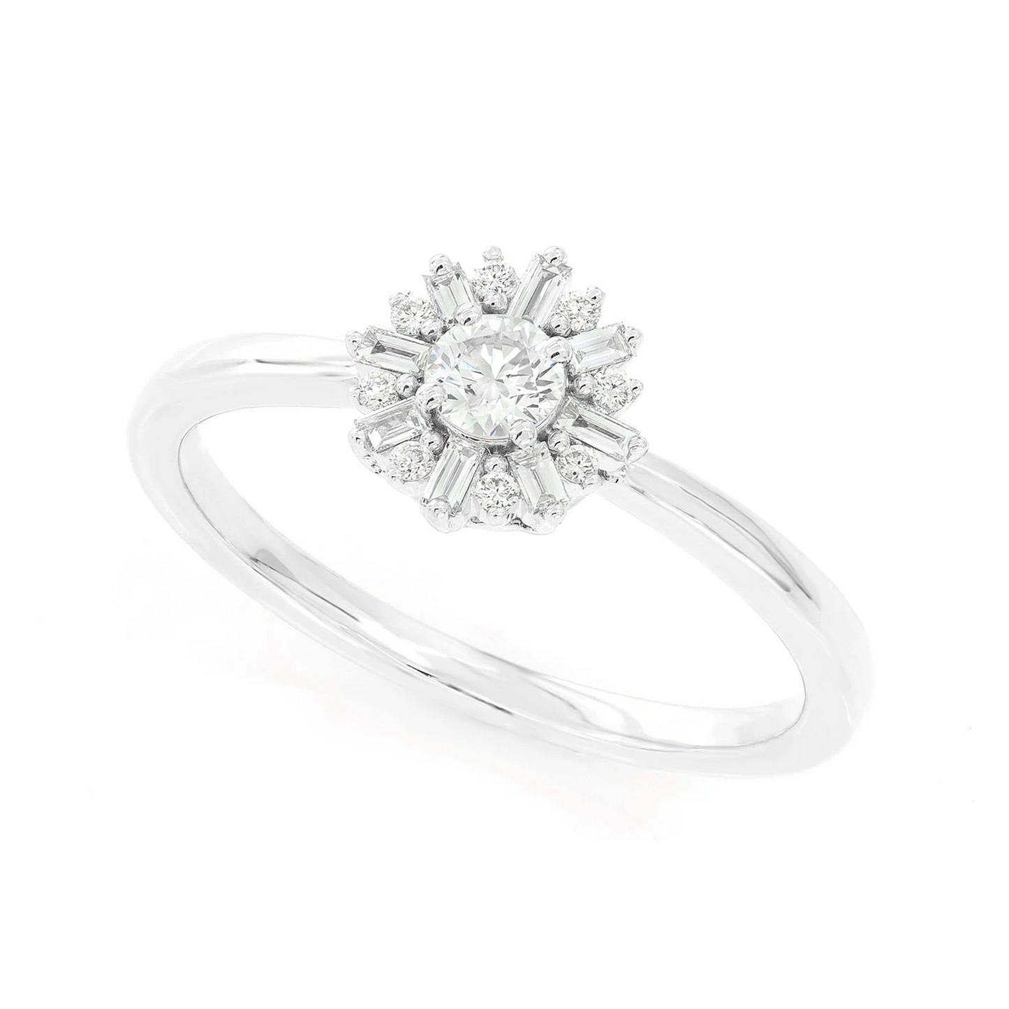 Round Floral Baguette Diamond Ring in 14K white gold, angled view