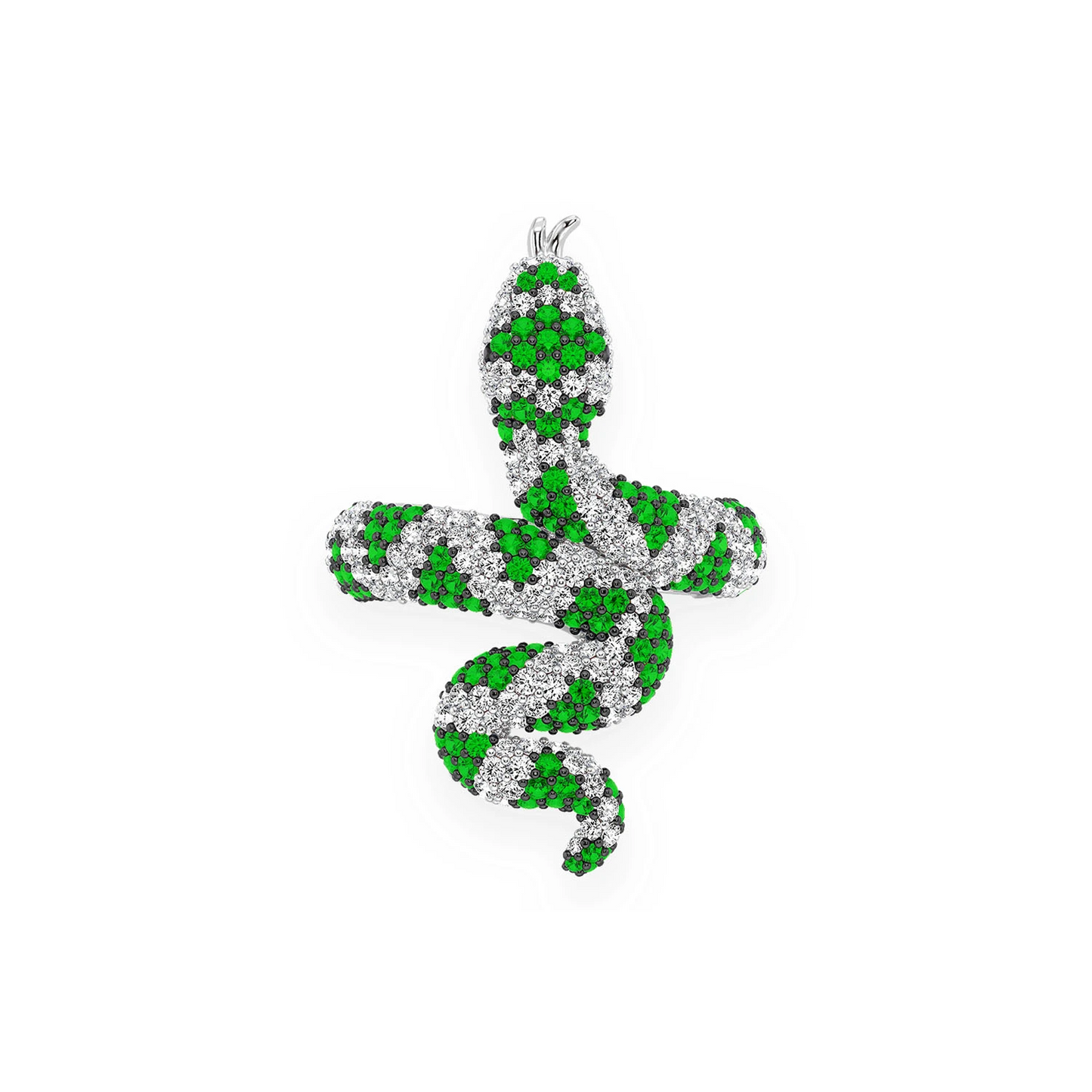 Snake Diamond Ring in 14K white gold, Emerald, front view