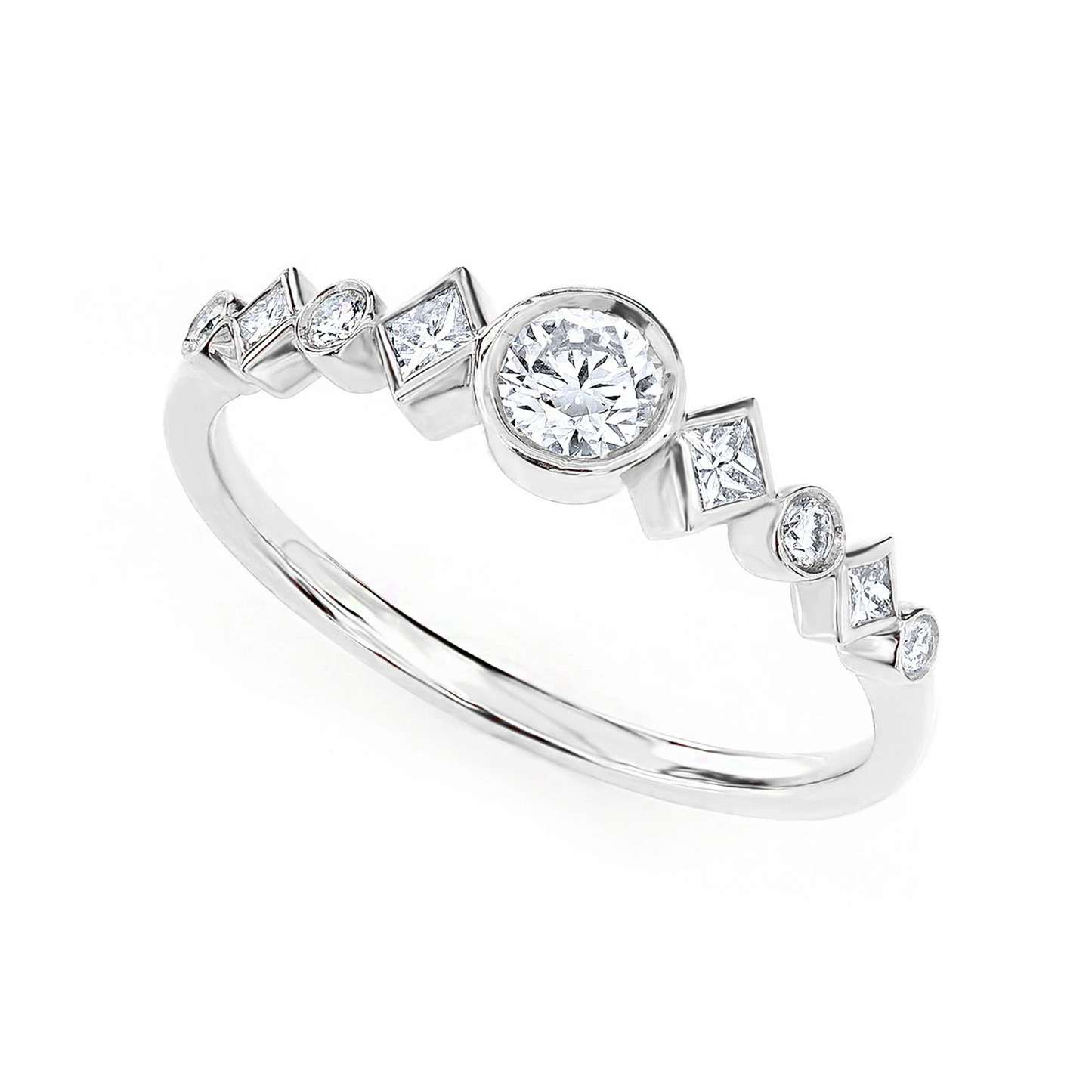 Nine Stone Round & Princess Diamond Ring in 14K white gold, angled view
