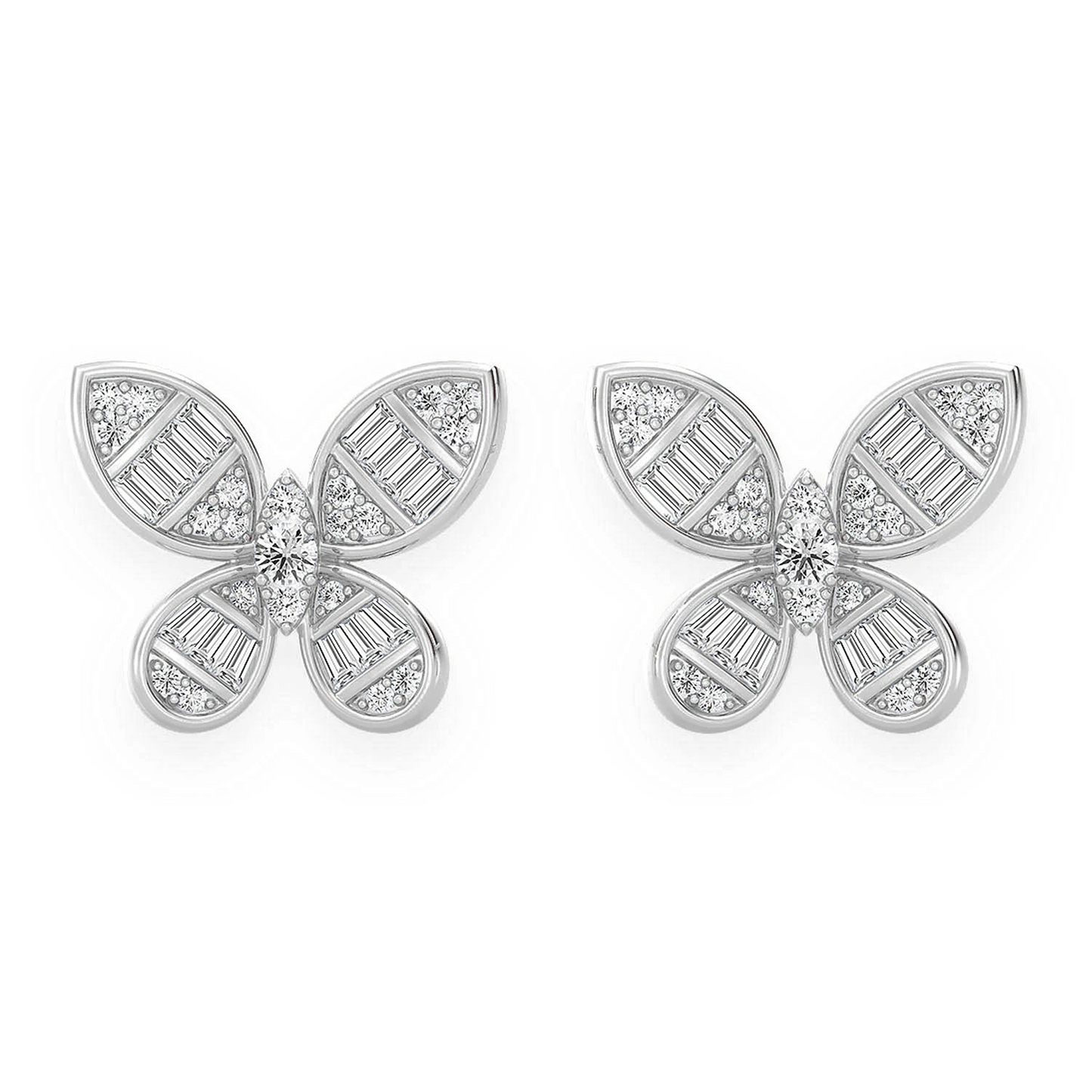 Butterfly Baguette Diamond Stud Earrings in 14K white gold, front view