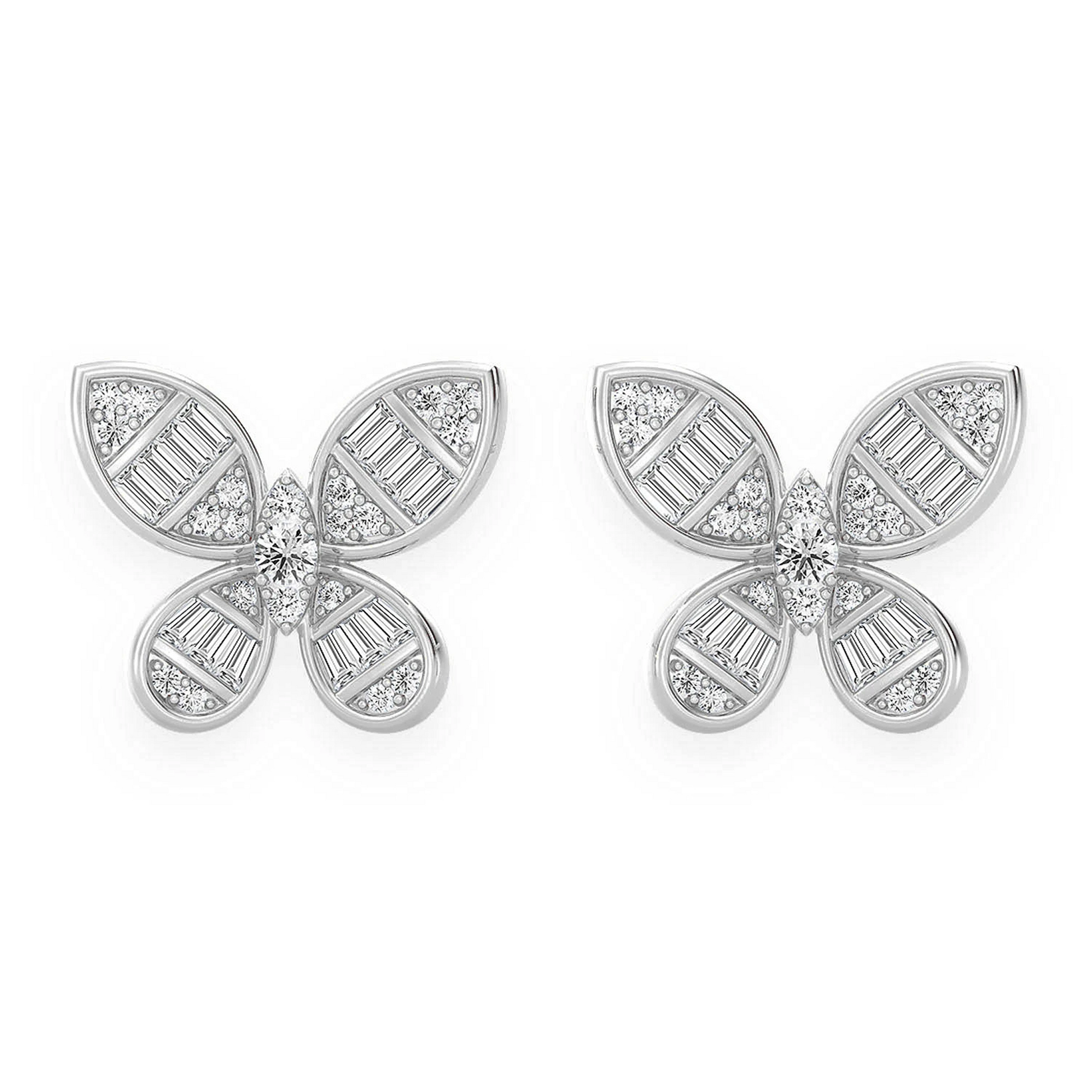 Butterfly Baguette Diamond Stud Earrings in 14K white gold, front view
