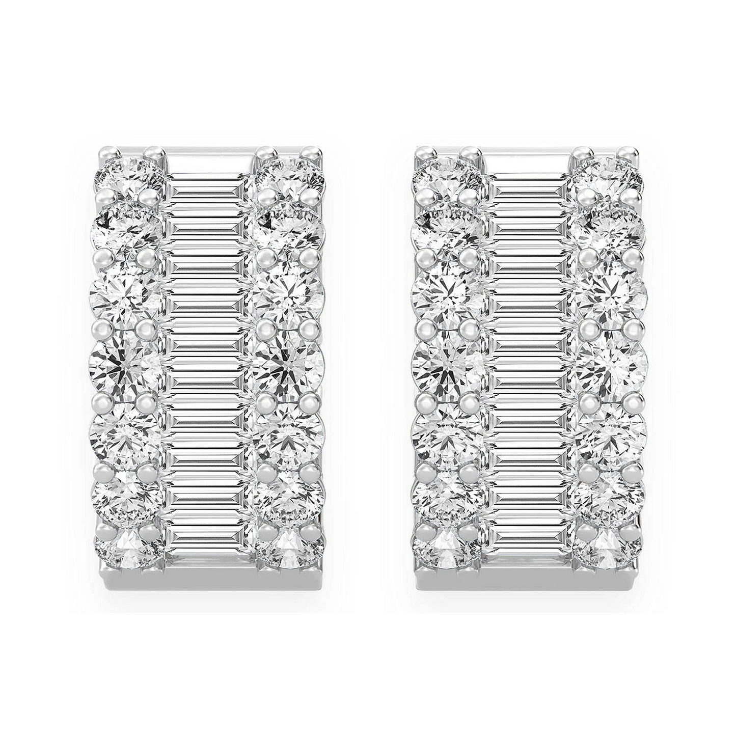 Baguette & Round Diamond Hoop Earrings in 14K white gold, detail view