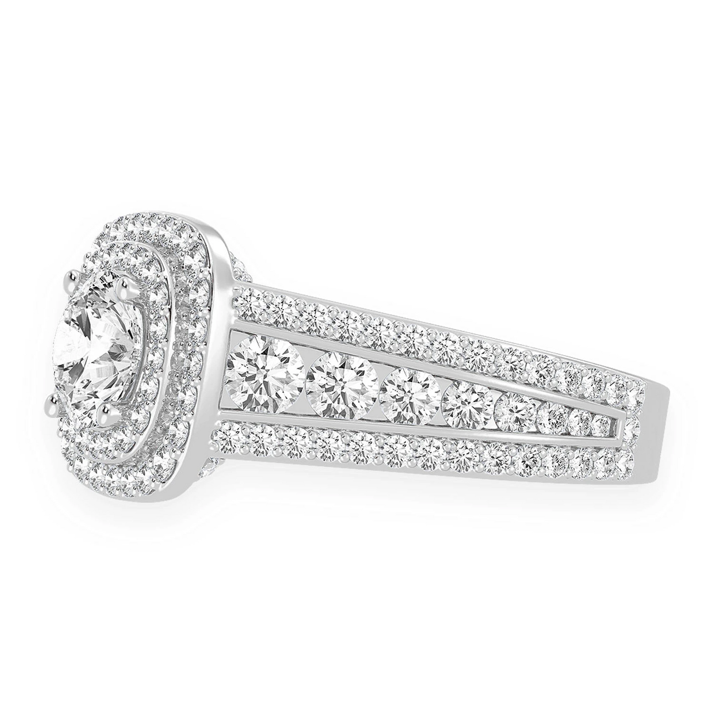 Fancy Three Row Double Halo Diamond Ring in 14K white gold, detail view