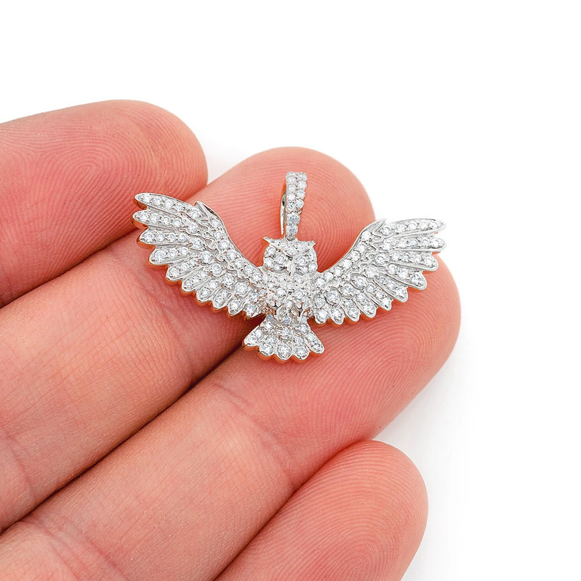 Owl Diamond Pendant in 14K white gold, angled view