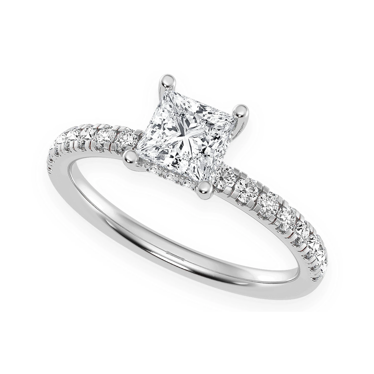 0.75ct Princess Cut Under Halo Diamond Engagement Ring in 14K white gold, angled view