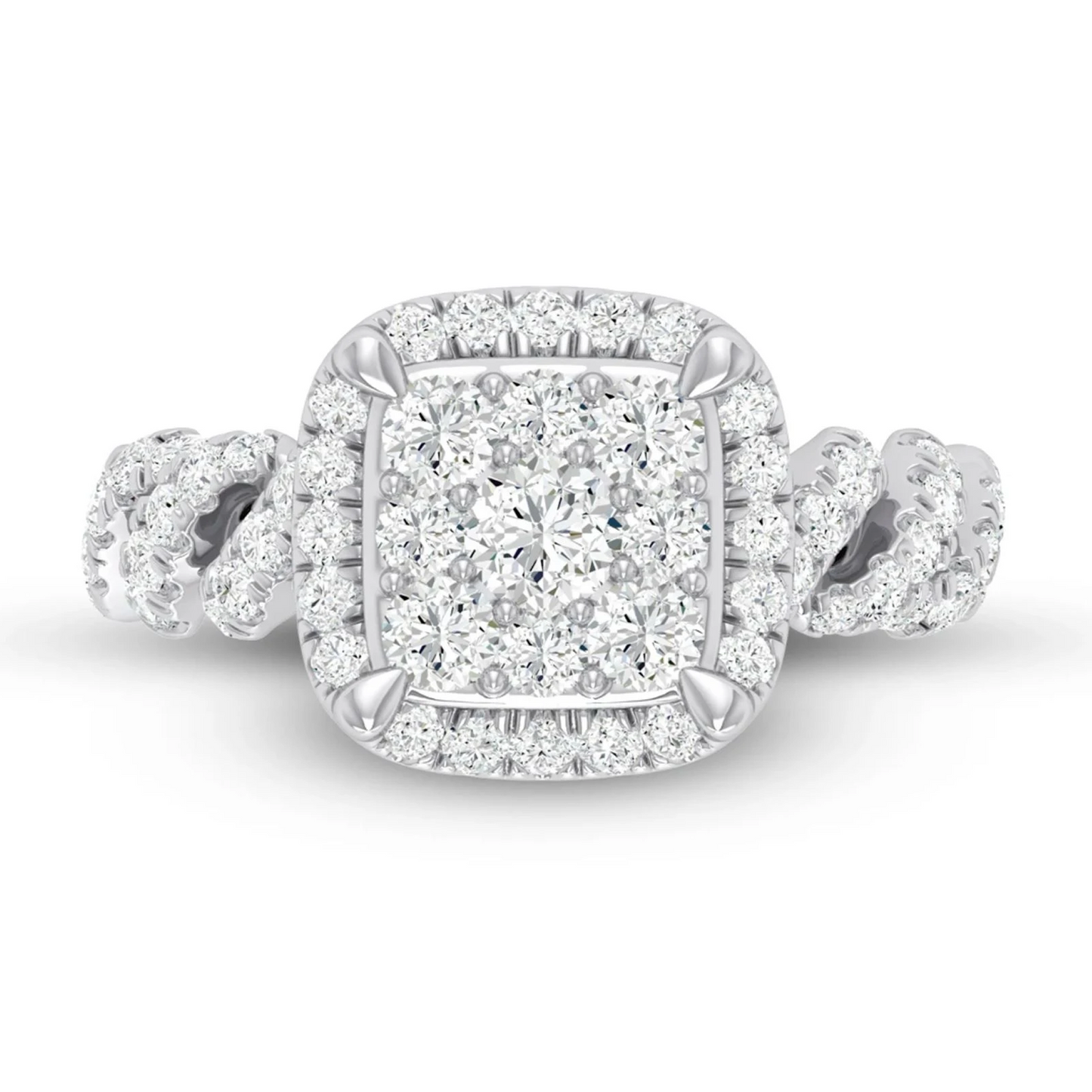 Square Cluster Halo Diamond Ring in 14K white gold, front view