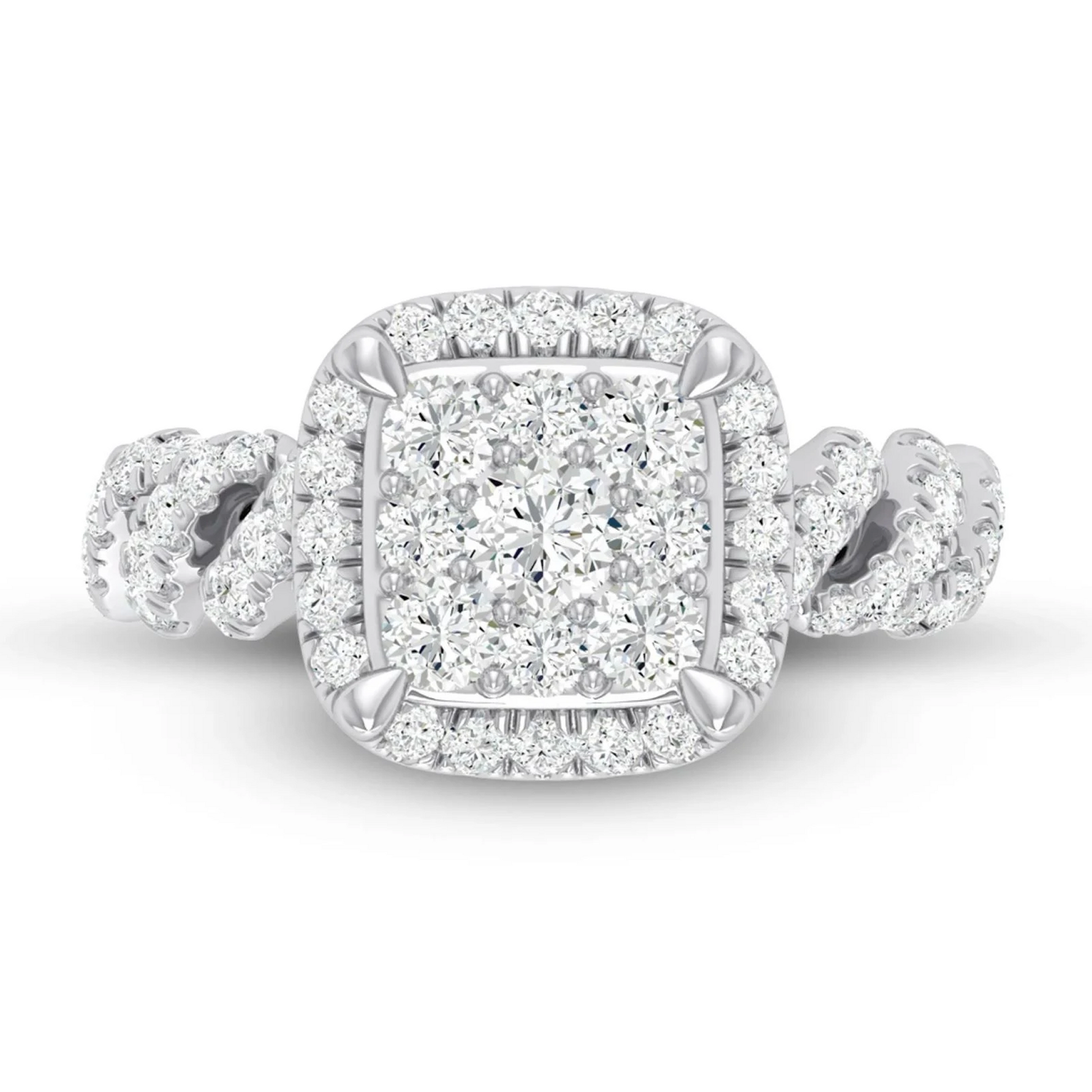 Square Cluster Halo Diamond Ring in 14K white gold, front view