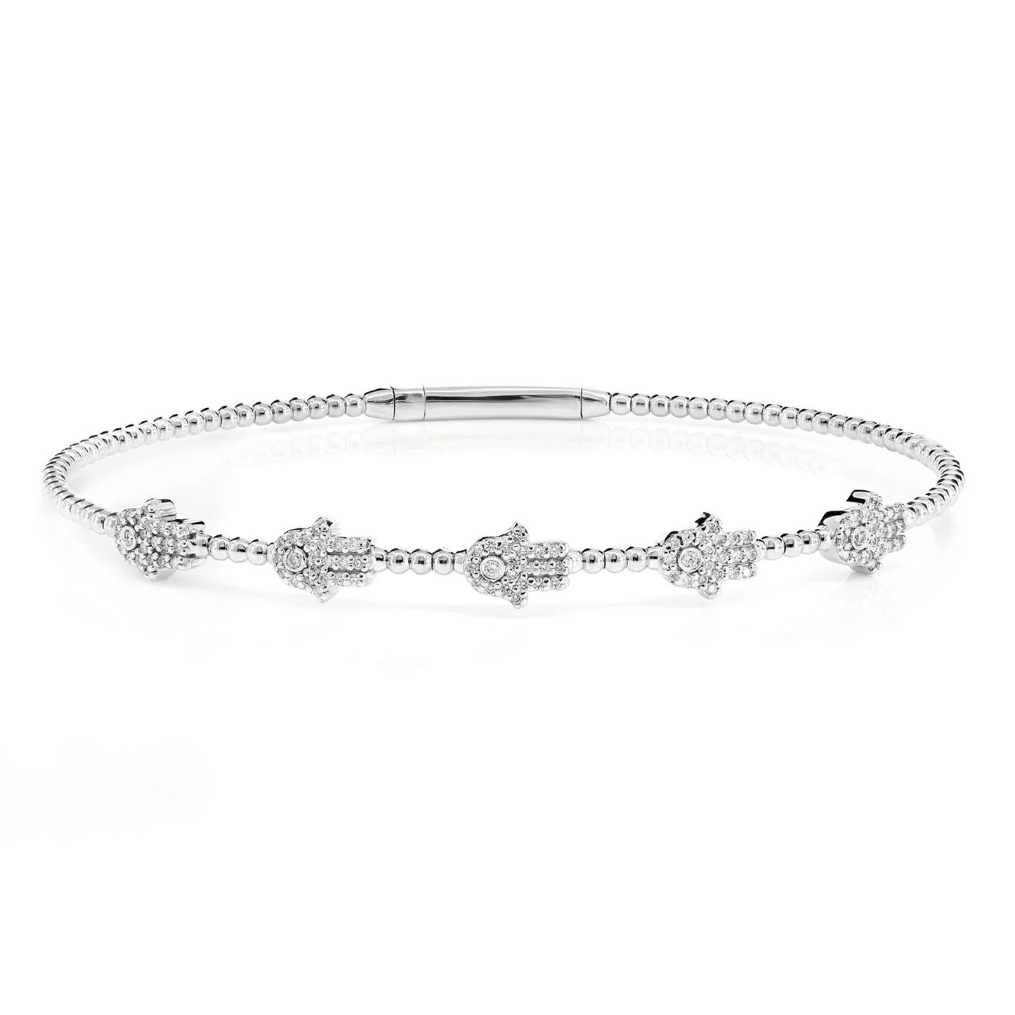 Beaded Hamsa Diamond Flex Bangle Bracelet in 14K white gold, front view