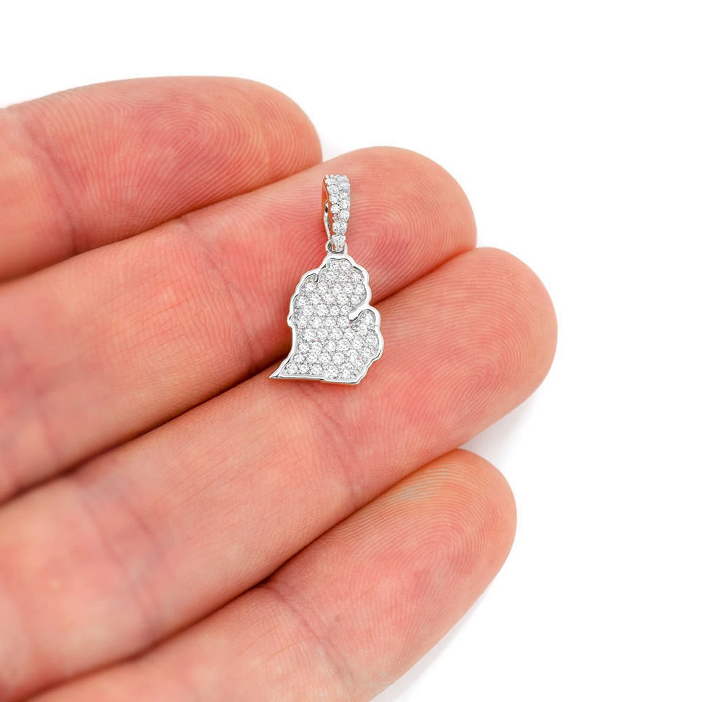 US State Diamond Pendant in 14K white gold, Michigan design, angled view