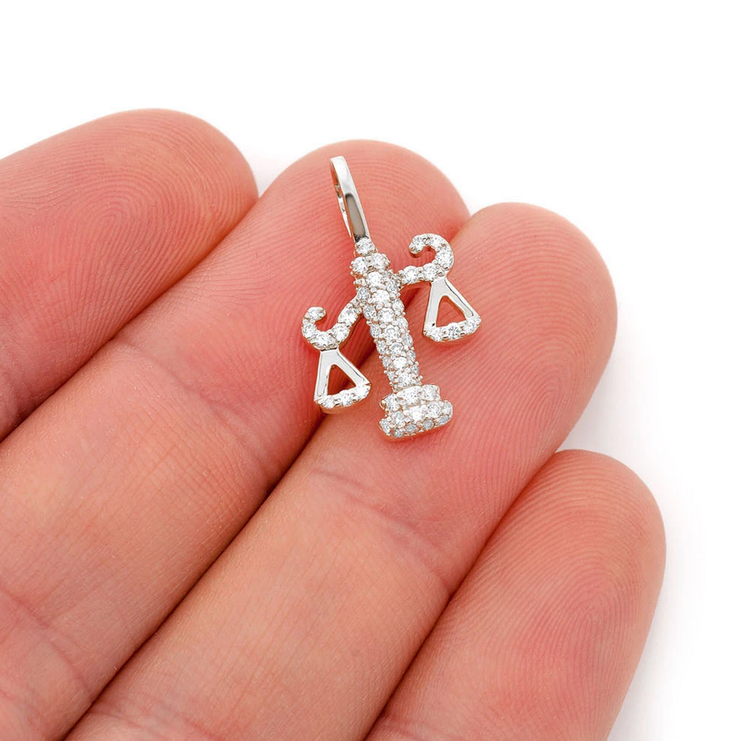 Scales of Justice Diamond Pendant in 14K white gold, angled view